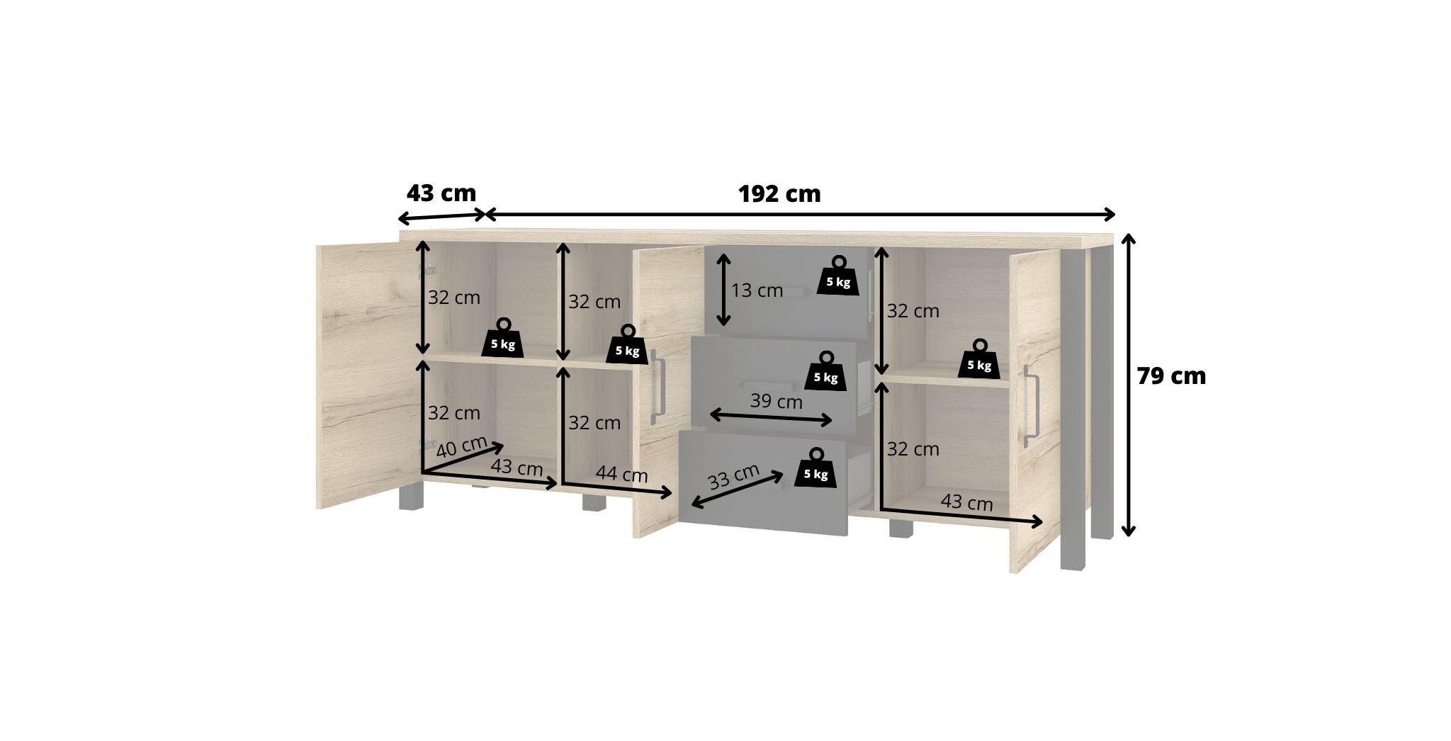 Komoda OLIN 47 3-drzwiowa czarna dąb grand naturalny 192x79x43cm - 24NWJC47