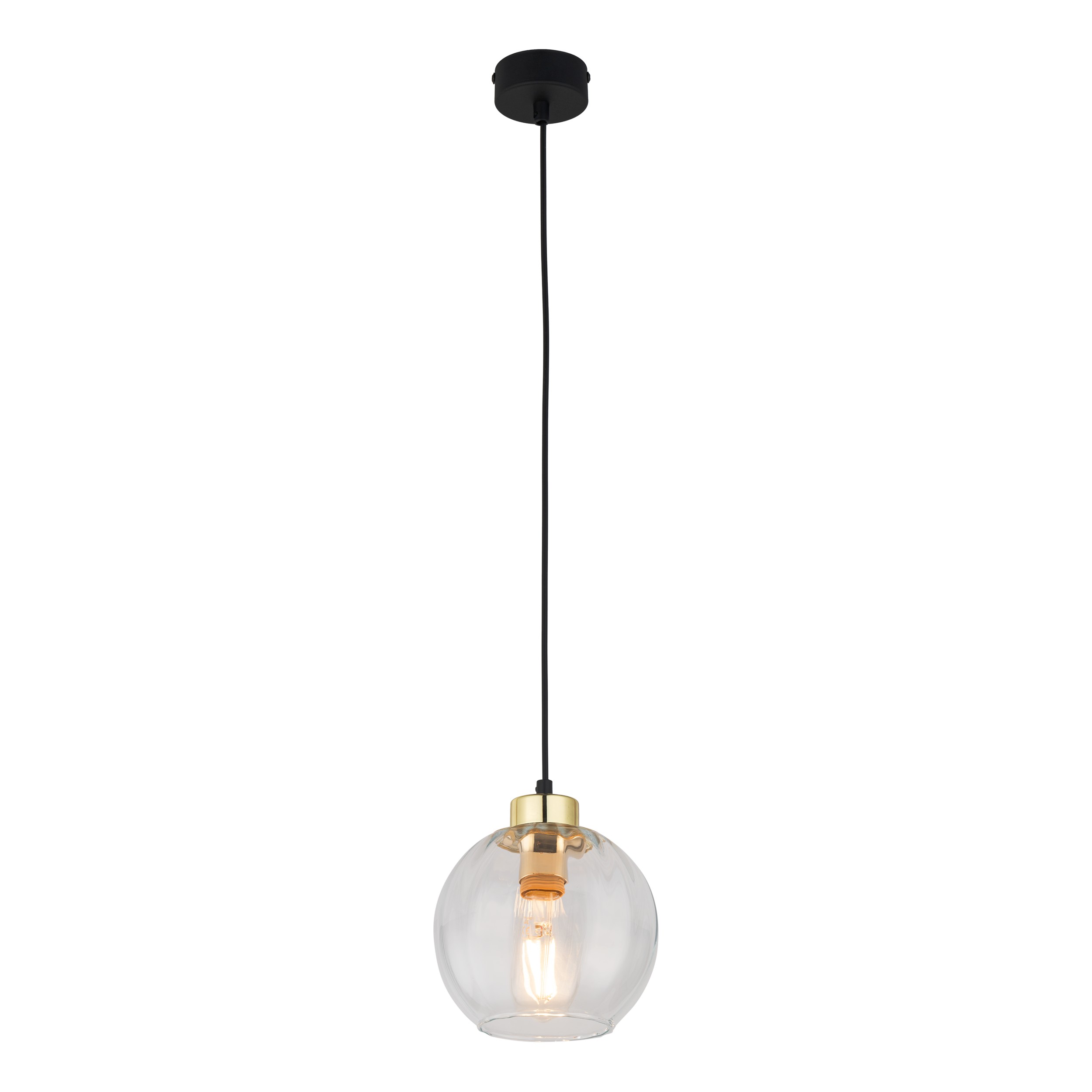Lampa wisząca DEVI na czarnej podstawie i przewodzie ze złotymi elementami klosz szklany okrągły transparentny przyciemniany 165x18cm - TK_4646