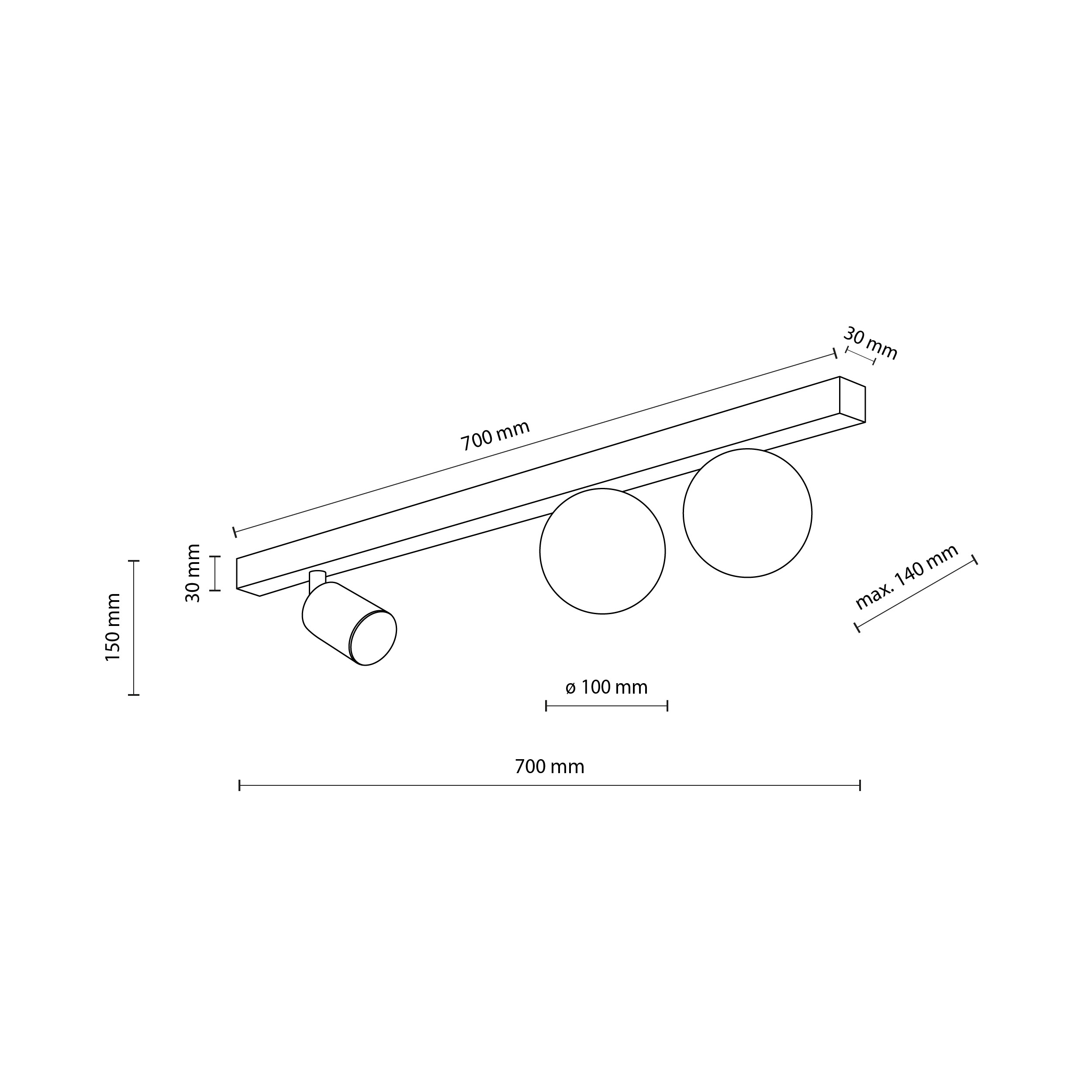 Lampa sufitowa VOX czarna na listwie z białymi okrągłymi szklanymi kloszami oraz jedną regulowaną lampką 70x15cm - TK_10001