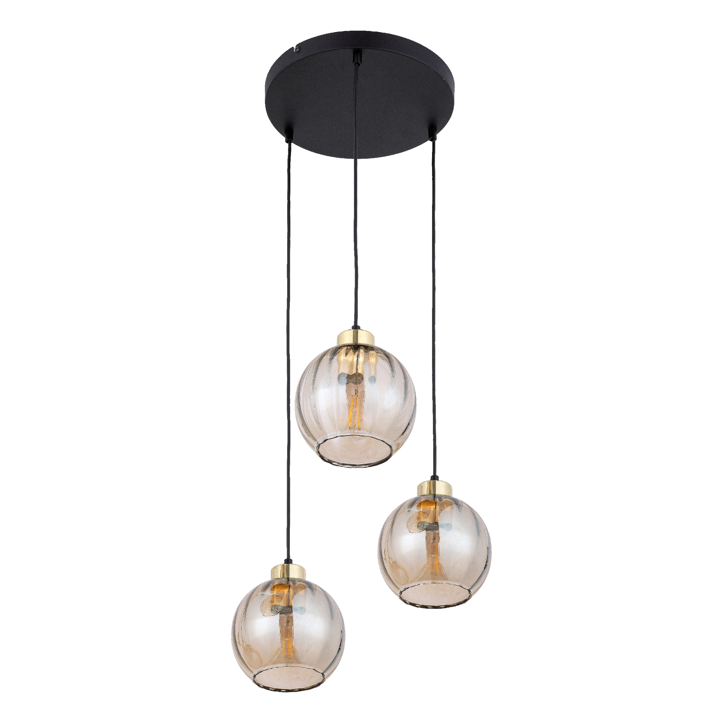 Lampa wisząca DEVI czarna ze złotymi elementami bursztynowymi szklanymi kloszami 95x37x35cm