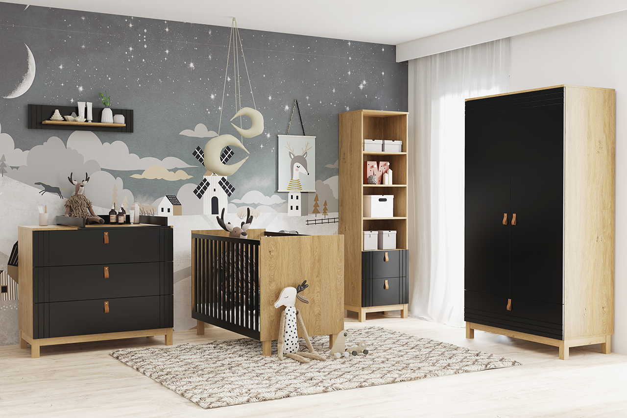 Łóżeczko niemowlęce MODERN 11 - czarny, dąb kamienny 60x120 - BAN_MODC-11