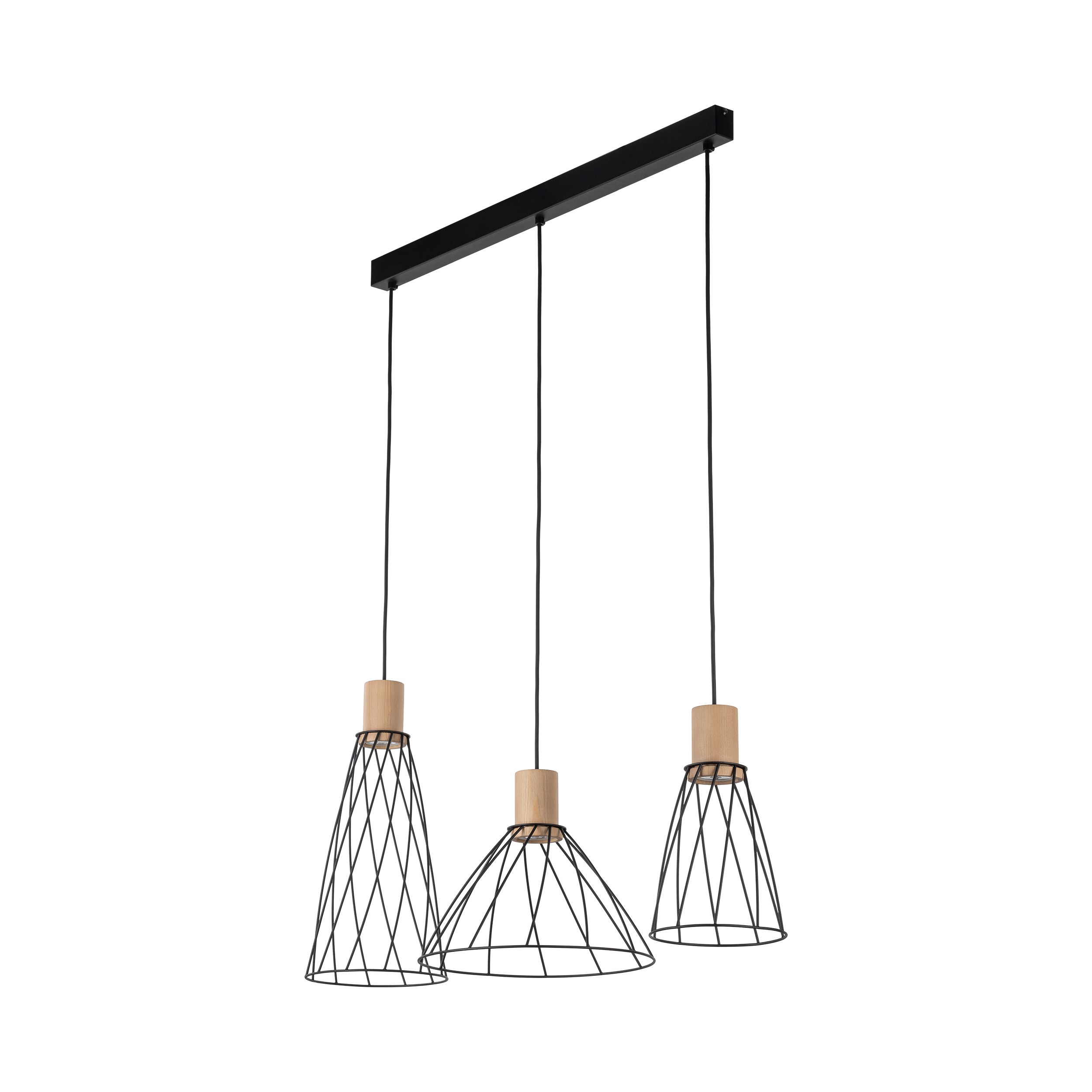 Lampa wisząca MODESTO czarna na listwie z drewnianymi elementami różnokształtne klosze 140x82x29cm