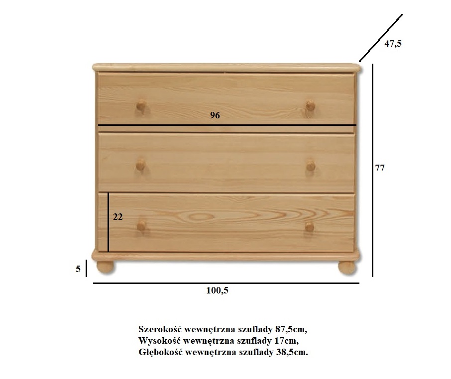 KD105 komoda S100 W78 G47 sosna surowy DREWMAX - 22024