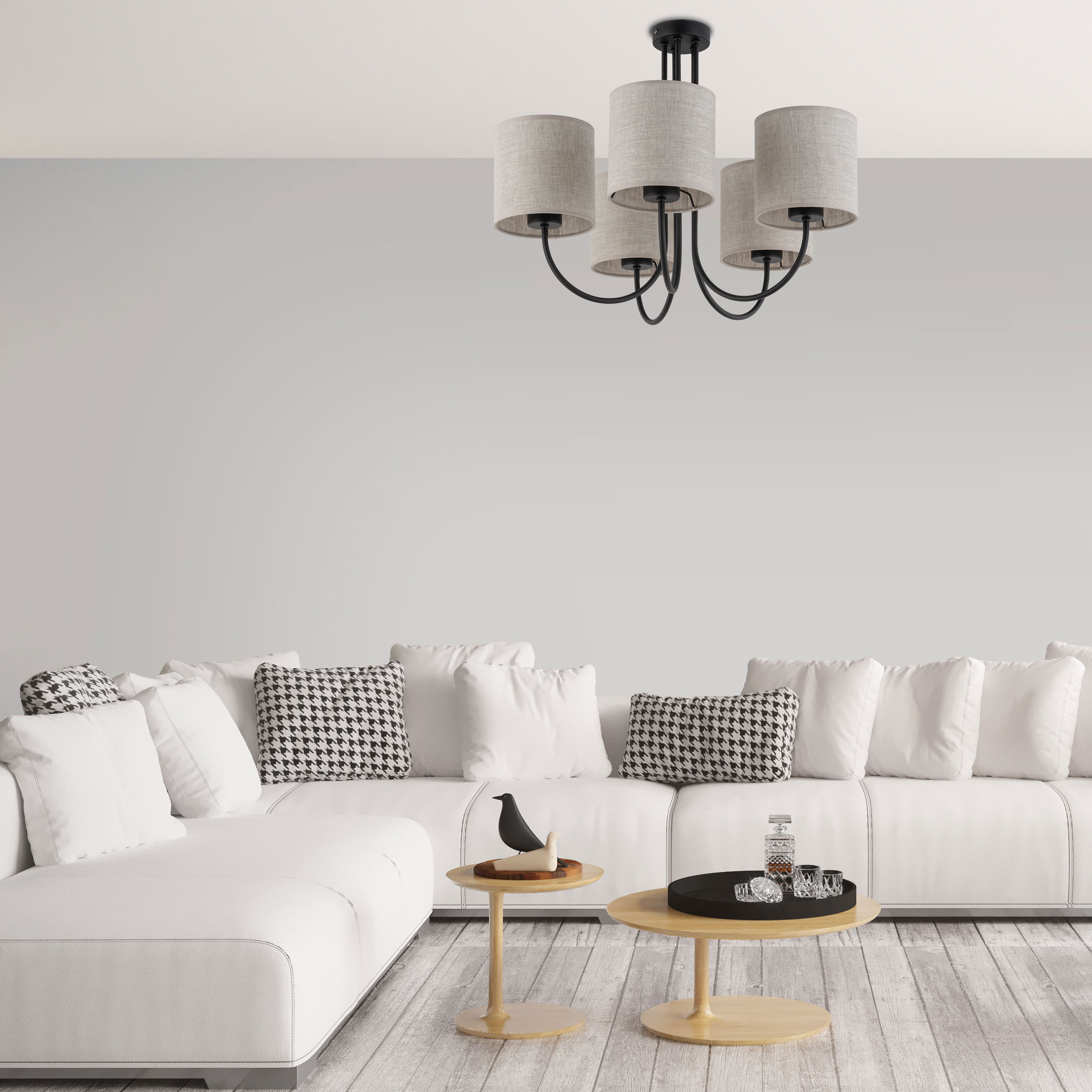 Lampa sufitowa TORENS NATURE czarna z brązowymi okrągłymi kloszami z tkaniny 60x49cm - TK_4632