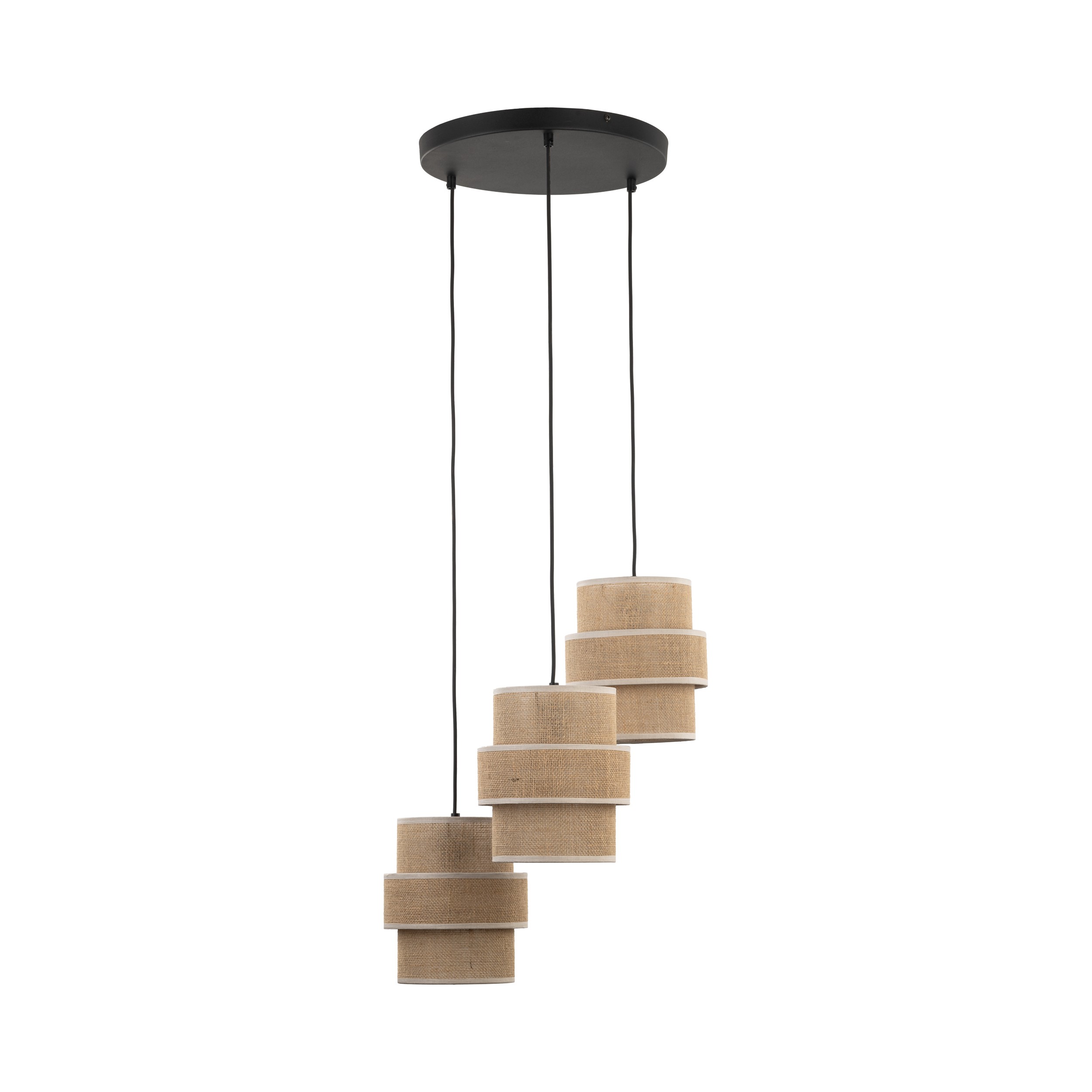 Lampa wisząca CALISTO czarna z trzema brązowymi kloszami z tkaniny juta 145x45cm - TK_6098