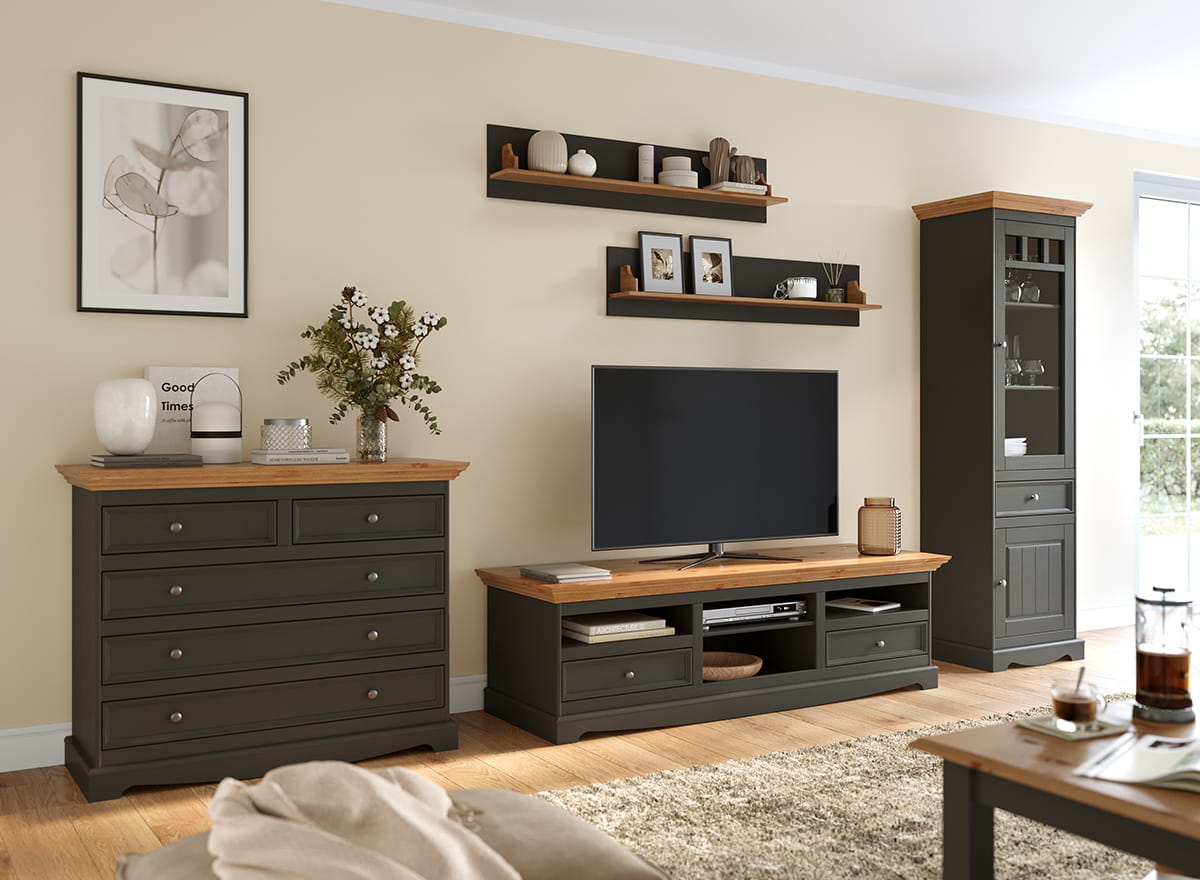 Witryna wąska BELLUNO ELEGANTE 2-drzwiowa z szufladą grafit - naturalna sosna - PL014G/P