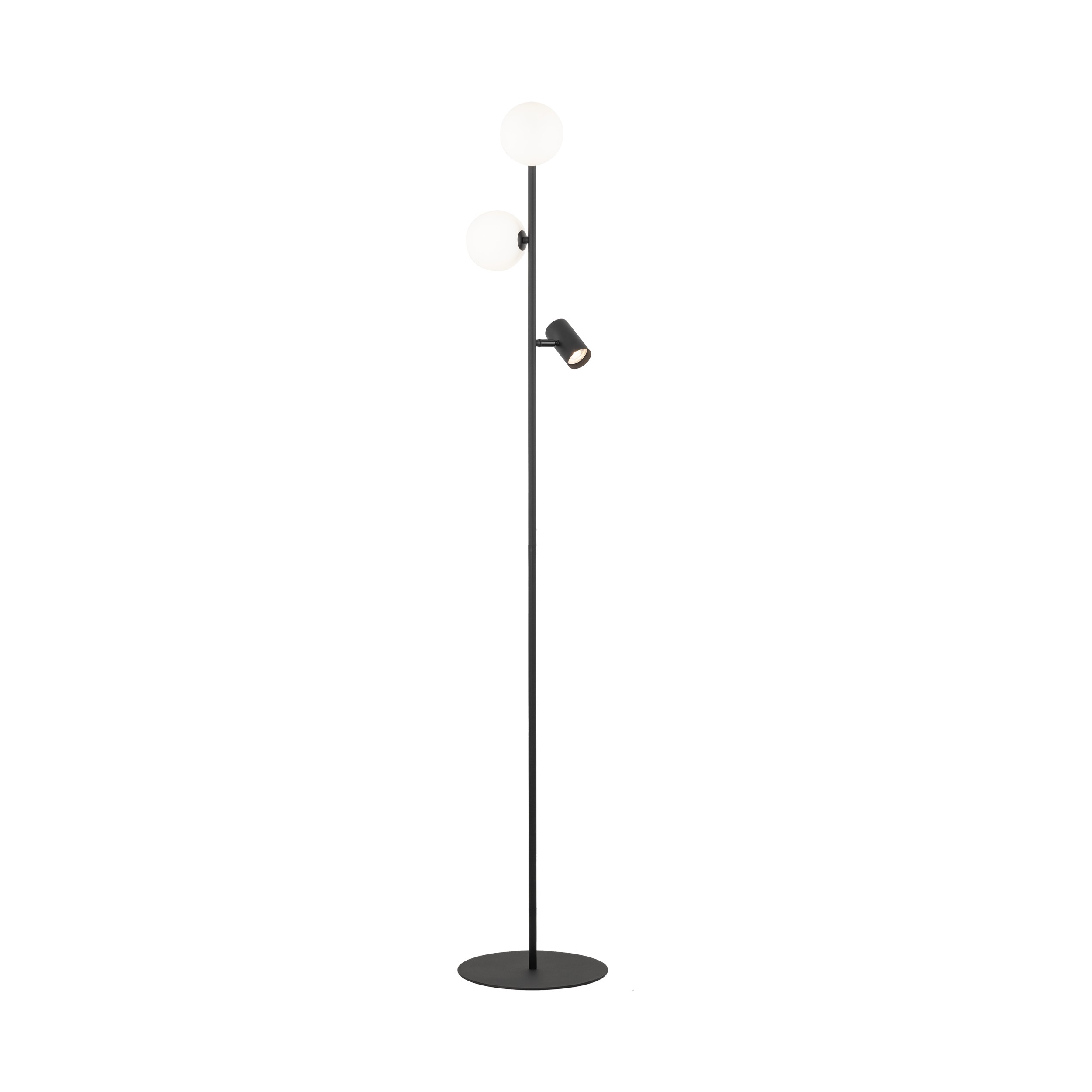 Lampa podłogowa VOX czarna z dwoma białymi okrągłymi szklanymi kloszami i lampką regulowaną do czytania z włącznikiem 172x30cm - TK_16063
