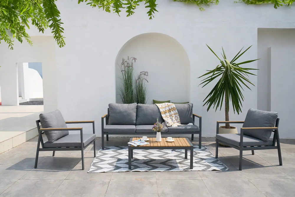 Zestaw EDISON CAFFE 3-osobowa sofa + 2 fotele + stolik kawowy - ciemnoszary, efekt drewna - FG007289