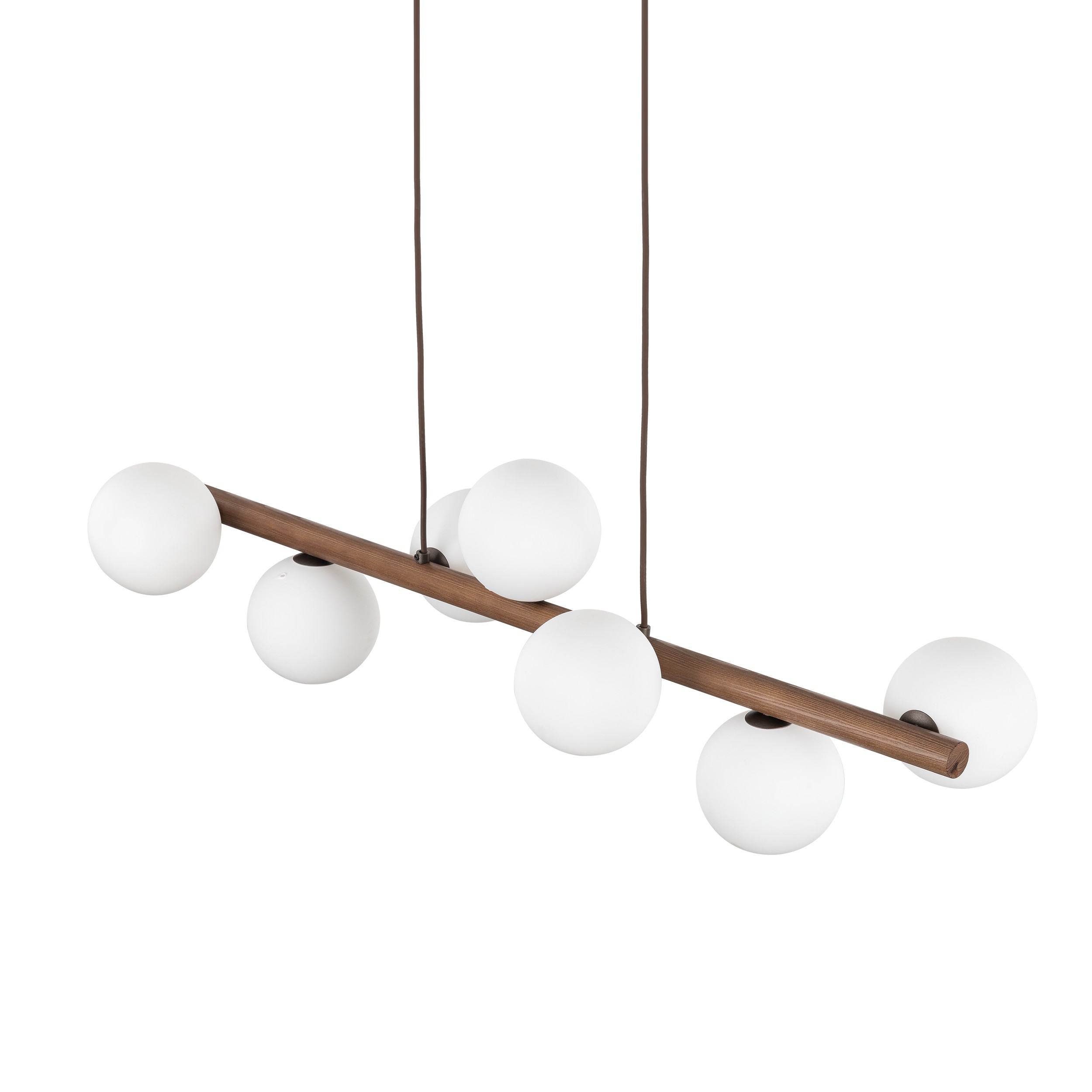 Lampa wisząca ESTERA czarna z drewnianą orzechową poprzeczką białe szklane okrągłe klosze 125x90x28cm - TK_10272