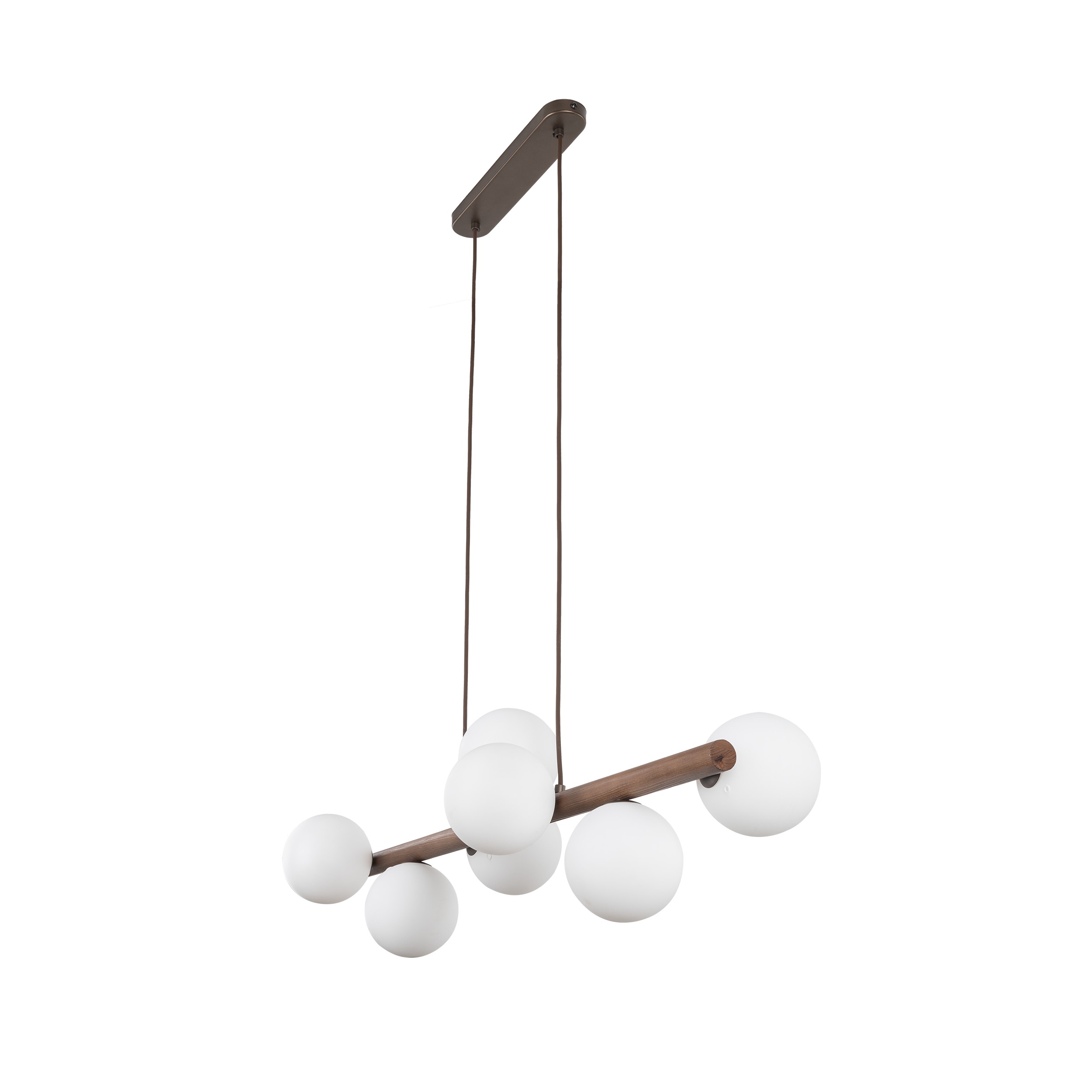Lampa wisząca ESTERA czarna z drewnianą orzechową poprzeczką białe szklane okrągłe klosze 125x90x28cm - TK_10272