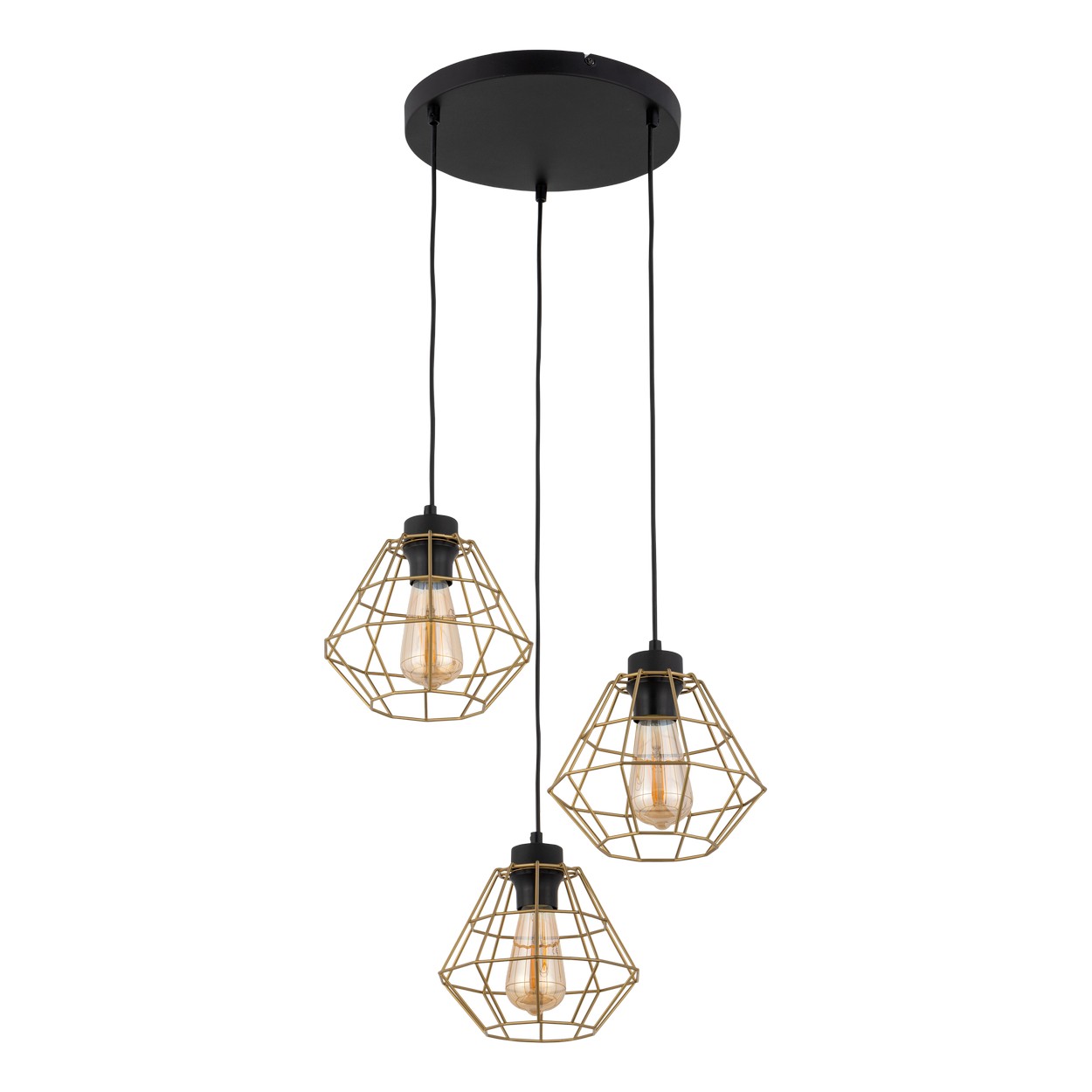 Lampa wisząca DIAMOND czarna ze złotymi ażurowymi kloszami potrójna na okrągłej podstawie 110x47cm - TK_4451