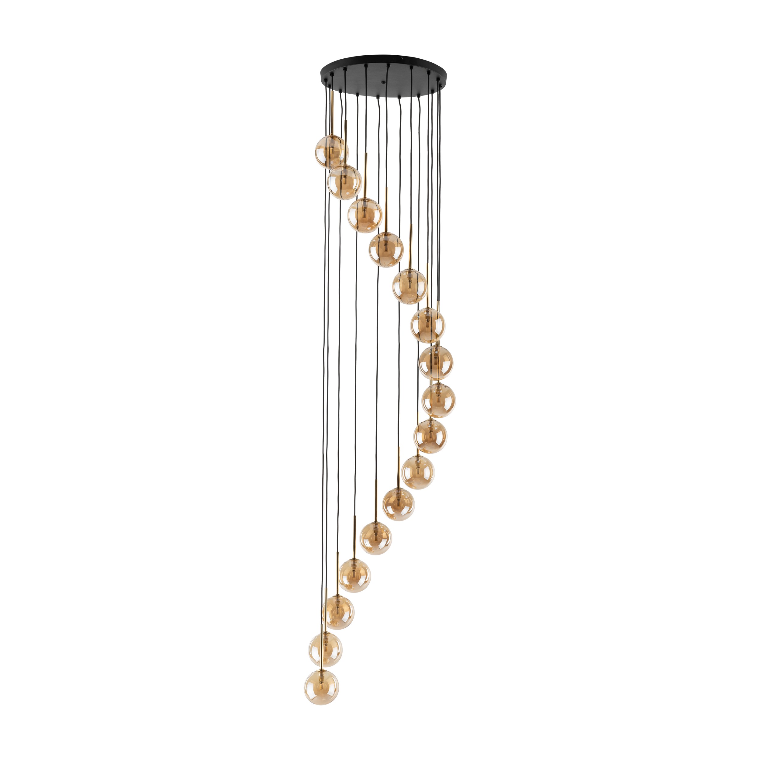Lampa wisząca AURORA czarna ze złotymi elementami 16 bursztynowymi szklanymi kloszami 220x50cm - TK_6023