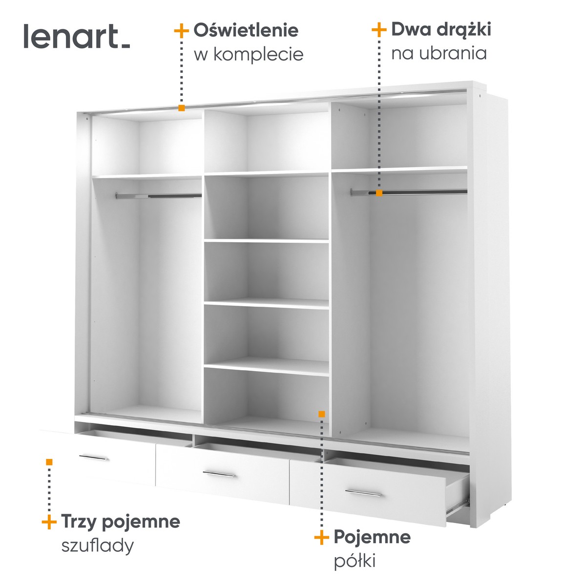 Szafa ARTI 3-drzwiowa z lustrami, szufladami i oświetleniem 250cm - AR1BIP3L