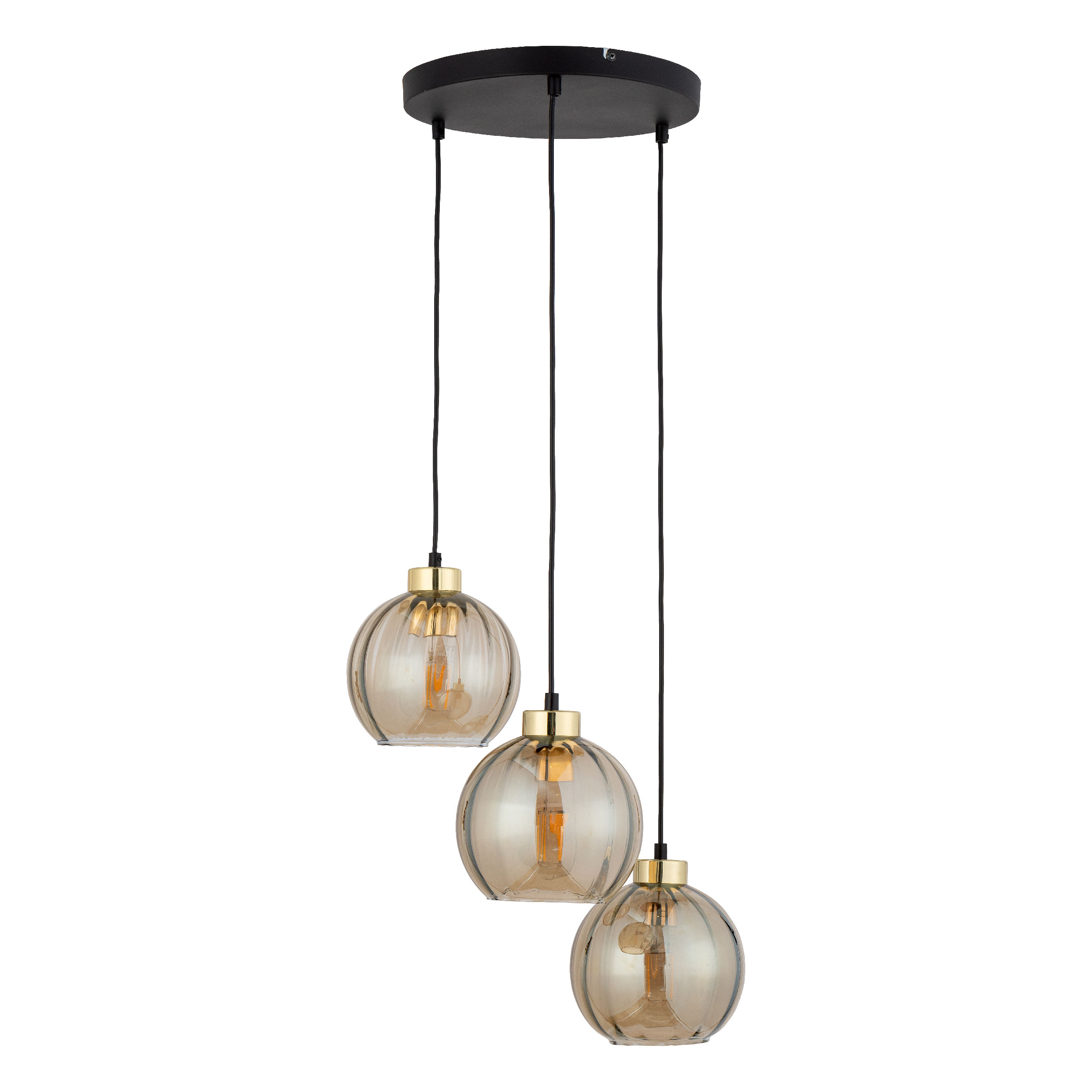 Lampa wisząca DEVI czarna ze złotymi elementami bursztynowymi szklanymi kloszami 95x37x35cm - TK_4637