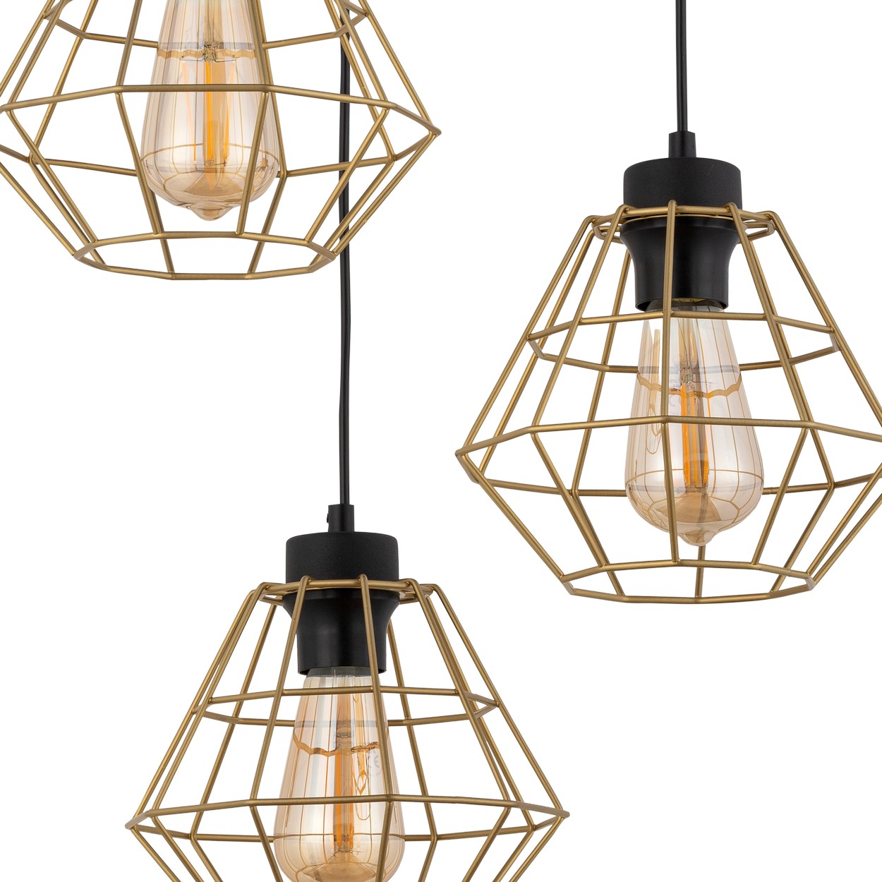 Lampa wisząca DIAMOND czarna ze złotymi ażurowymi kloszami potrójna na okrągłej podstawie 110x47cm - TK_4451