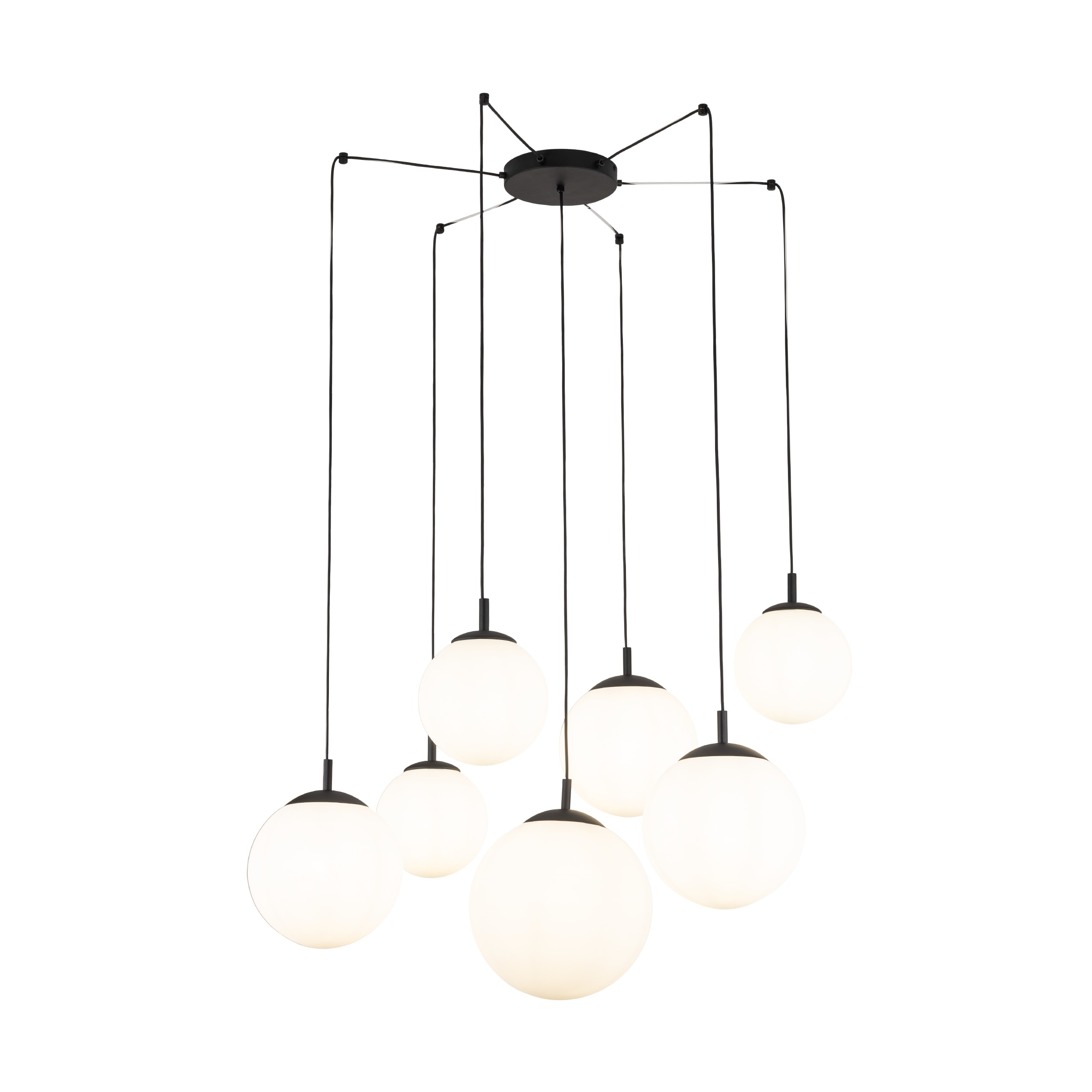 Lampa wisząca ESME czarna z białymi okrągłymi szklanymi kloszami podczepiana dodatkowo jak pająk 180cm - TK_4794