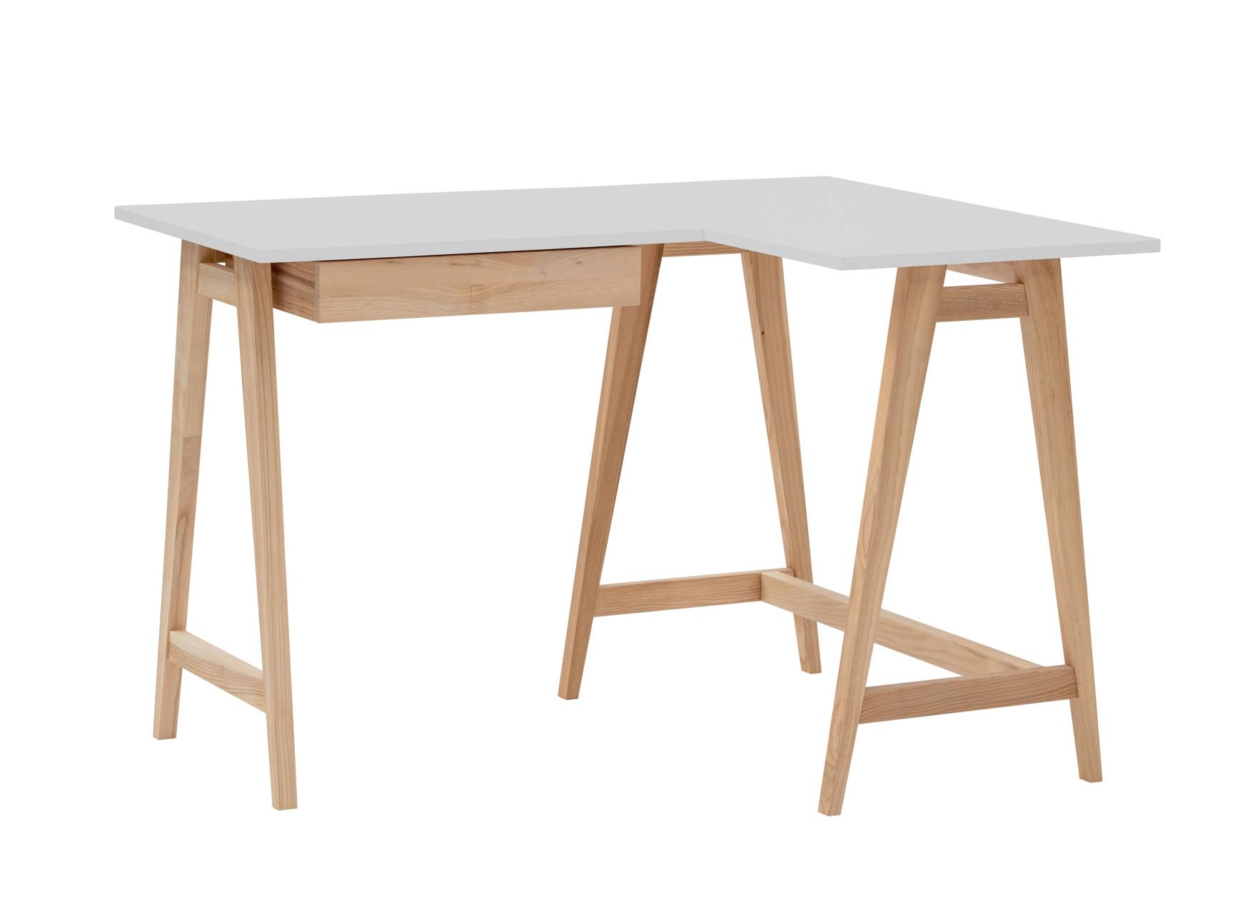 Biurko jesionowe narożne LUKA Prawe z szufladą 115cm x 85cm jasnoszare kolor nóg naturalny
