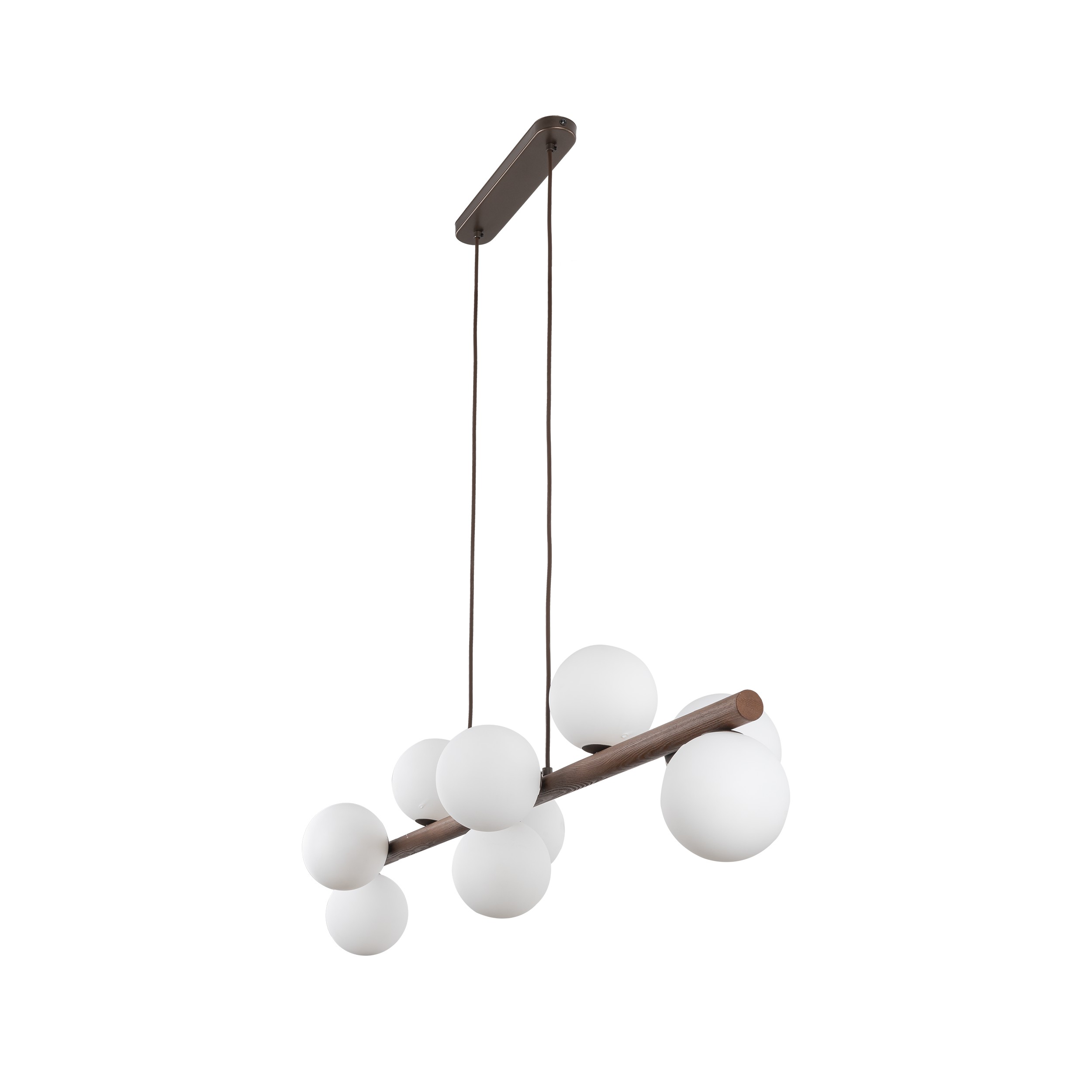 Lampa wisząca ESTERA ciemny orzech drewniana na listwie z białymi okrągłymi szklanymi kloszami 125x117x25cm - TK_10273