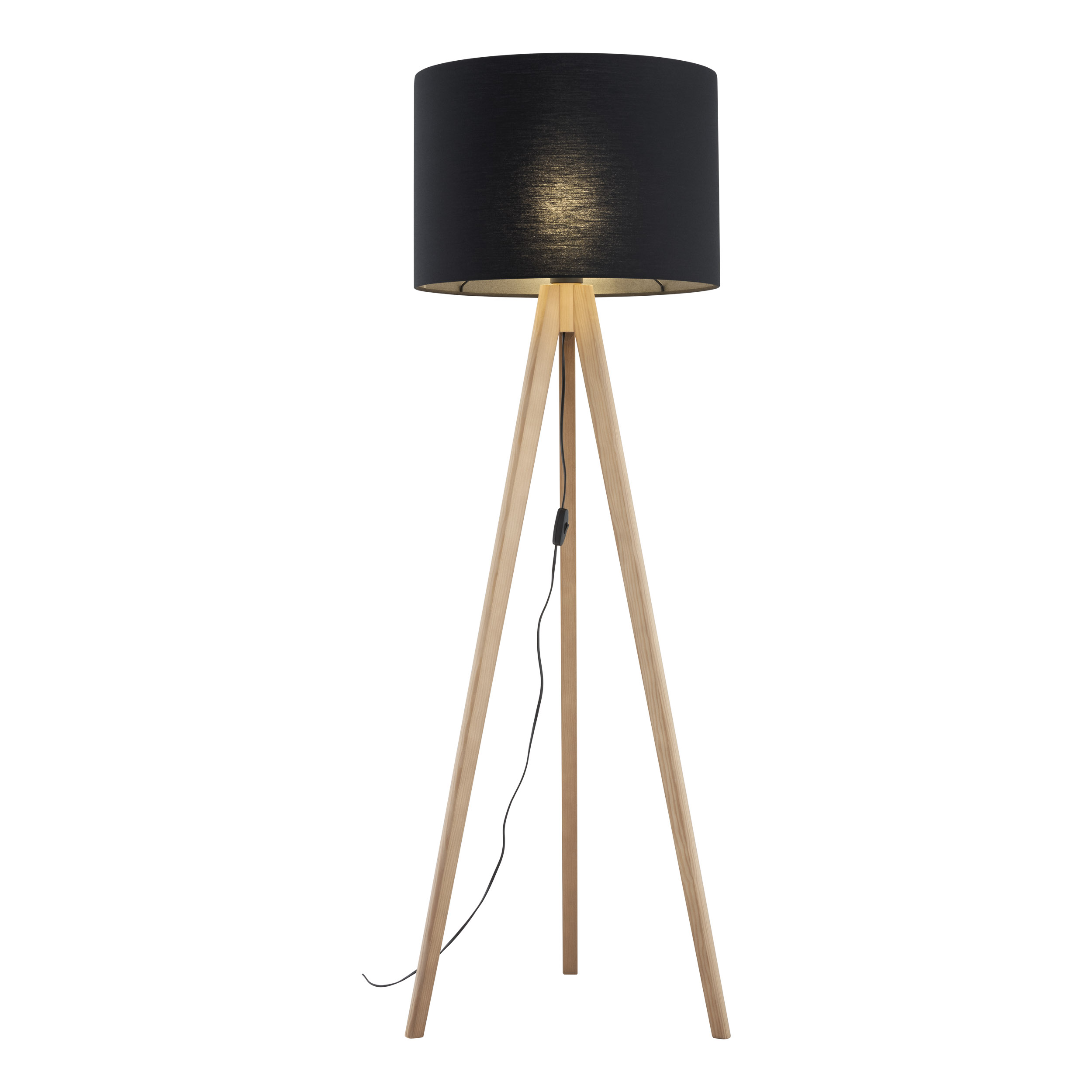 Lampa podłogowa GRAND na jasnych sosnowych drewnianych nogach z czarnym okrągłym kloszem 145x50cm - TK_16008