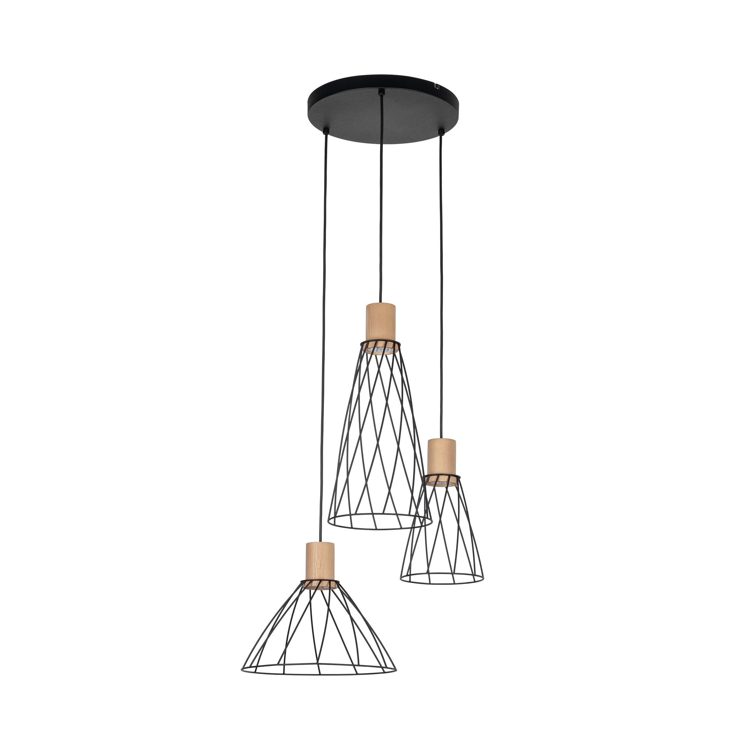 Lampa wisząca MODESTO czarna z drewnianymi elementami z sosny klosze różnokształtne 120x50cm