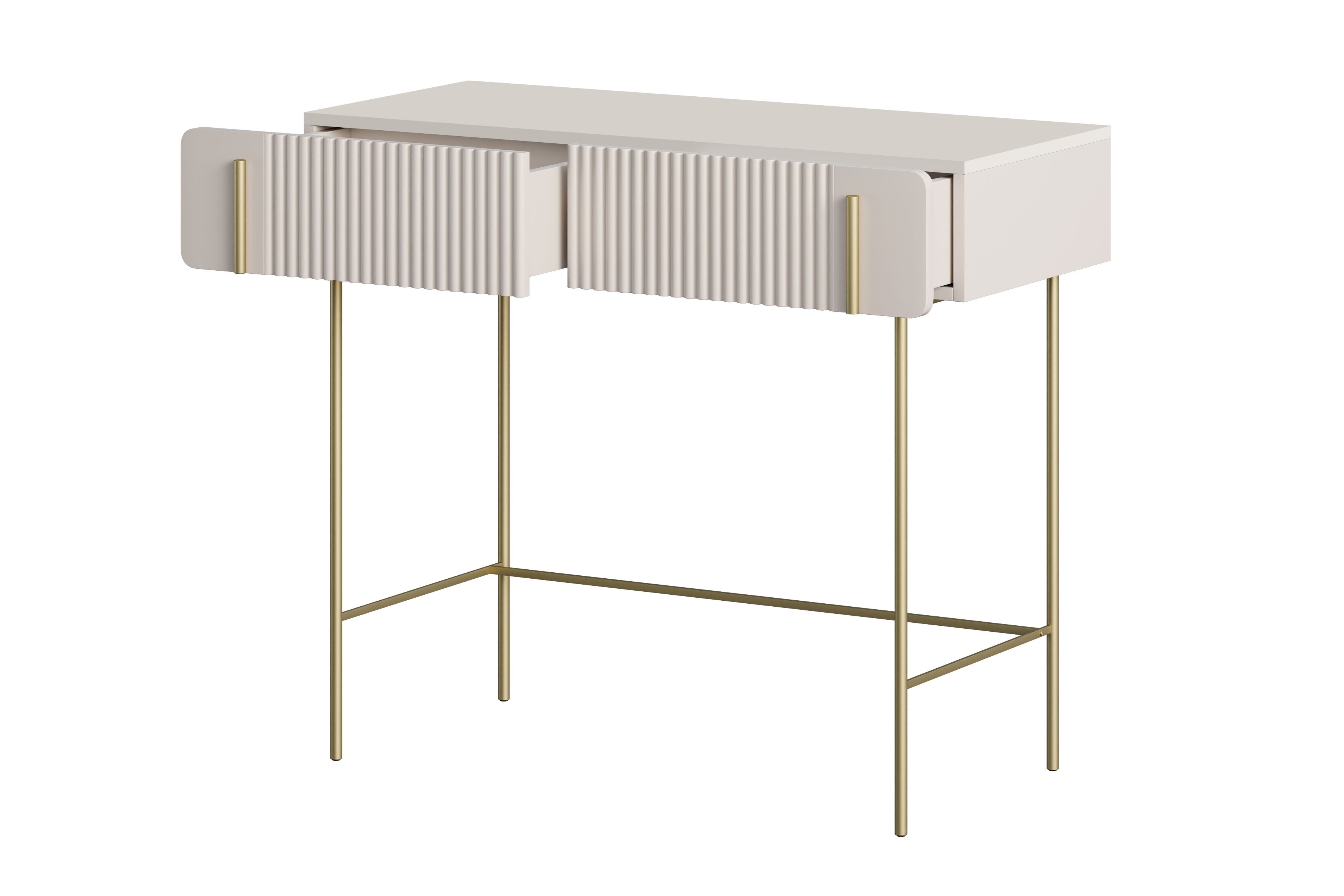 Toaletka z 2 szufladami MALMI ryflowany front 100cm - kaszmirowa - złoty stelaż - B_167008