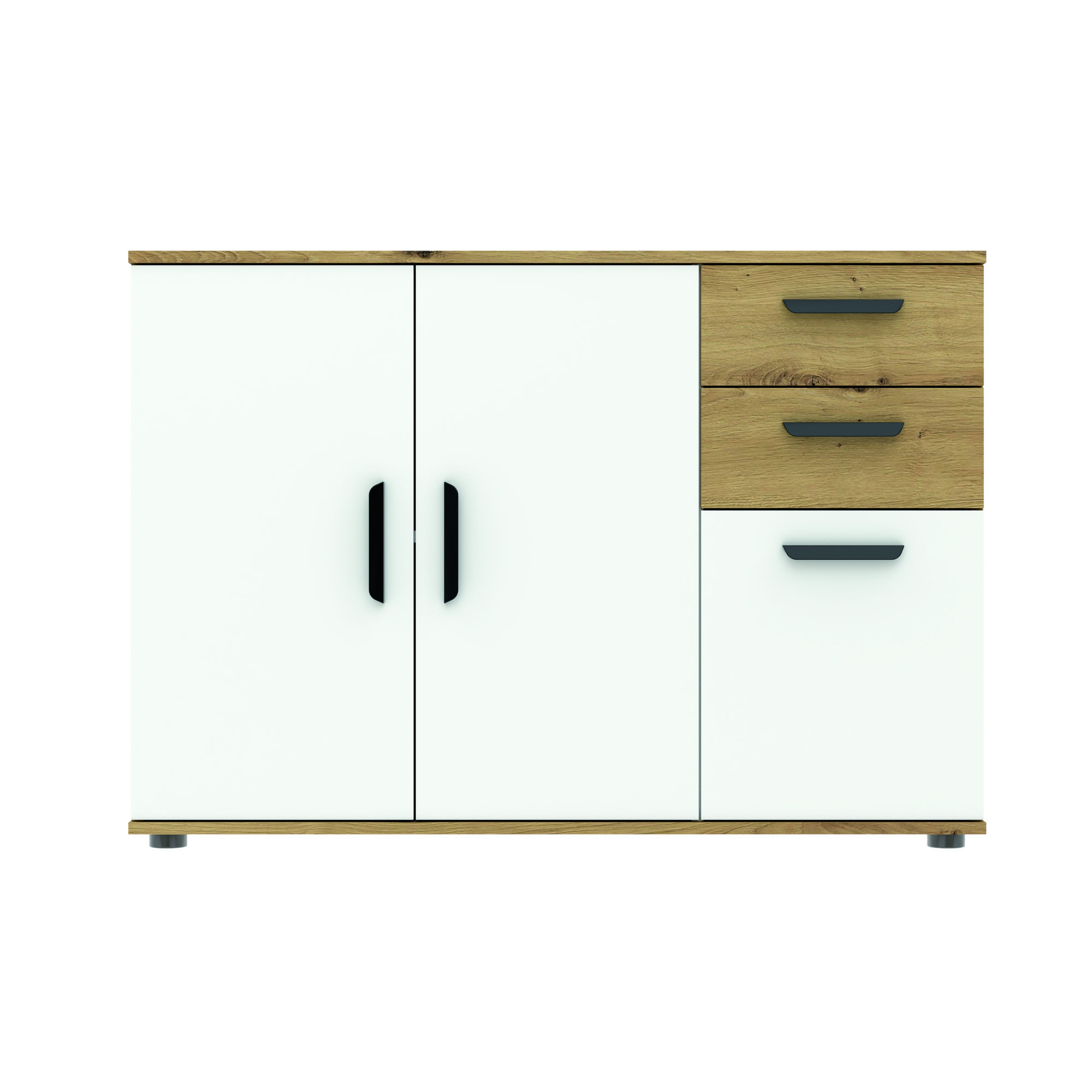 Komoda 3-drzwiowa z 3 szufladami BASIC TWO dąb artisan biały - INT_5002583