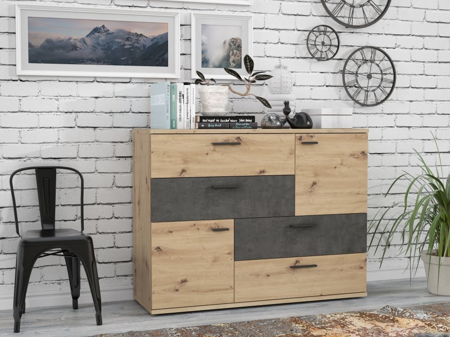 Komoda SKIVE 2-drzwiowa z 4 szufladami - dąb artisan, efekt betonu - SKVK46-C752