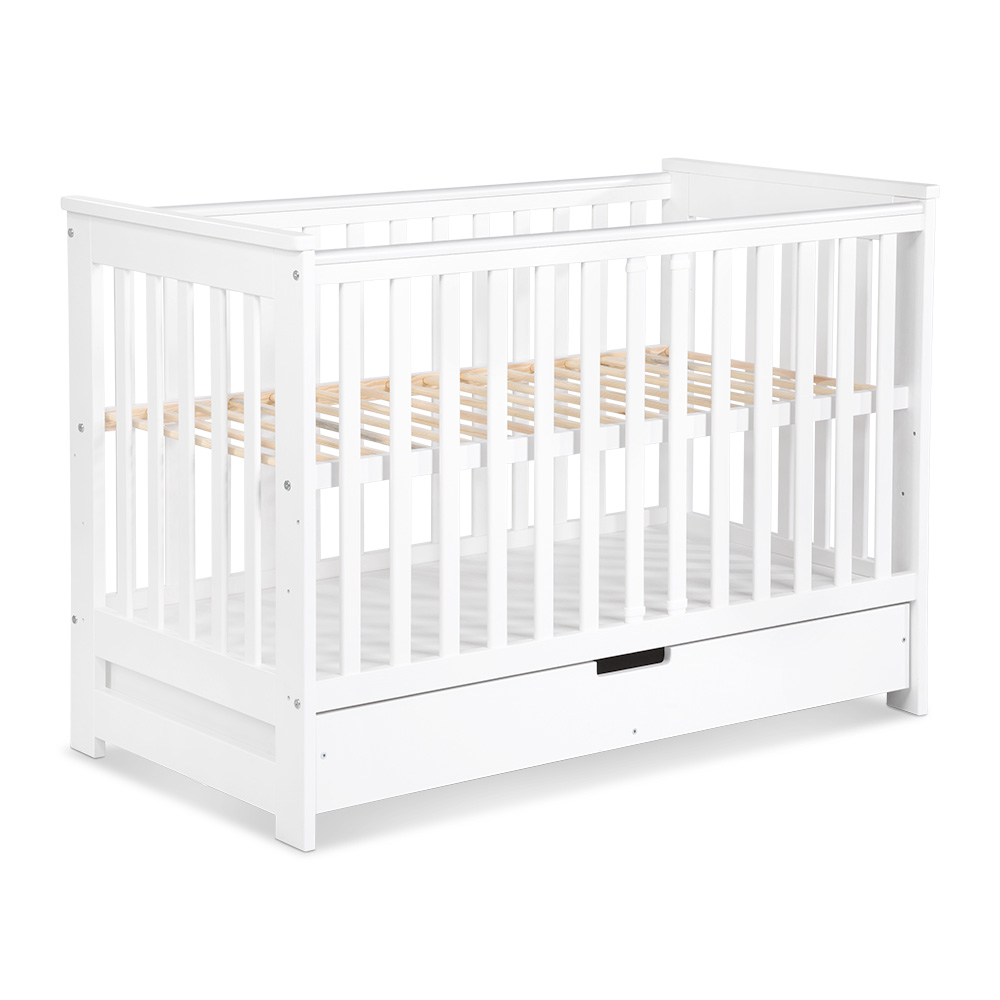 Łóżko niemowlęce dziecięce IWO 60x120 z szufladą i barierką białe