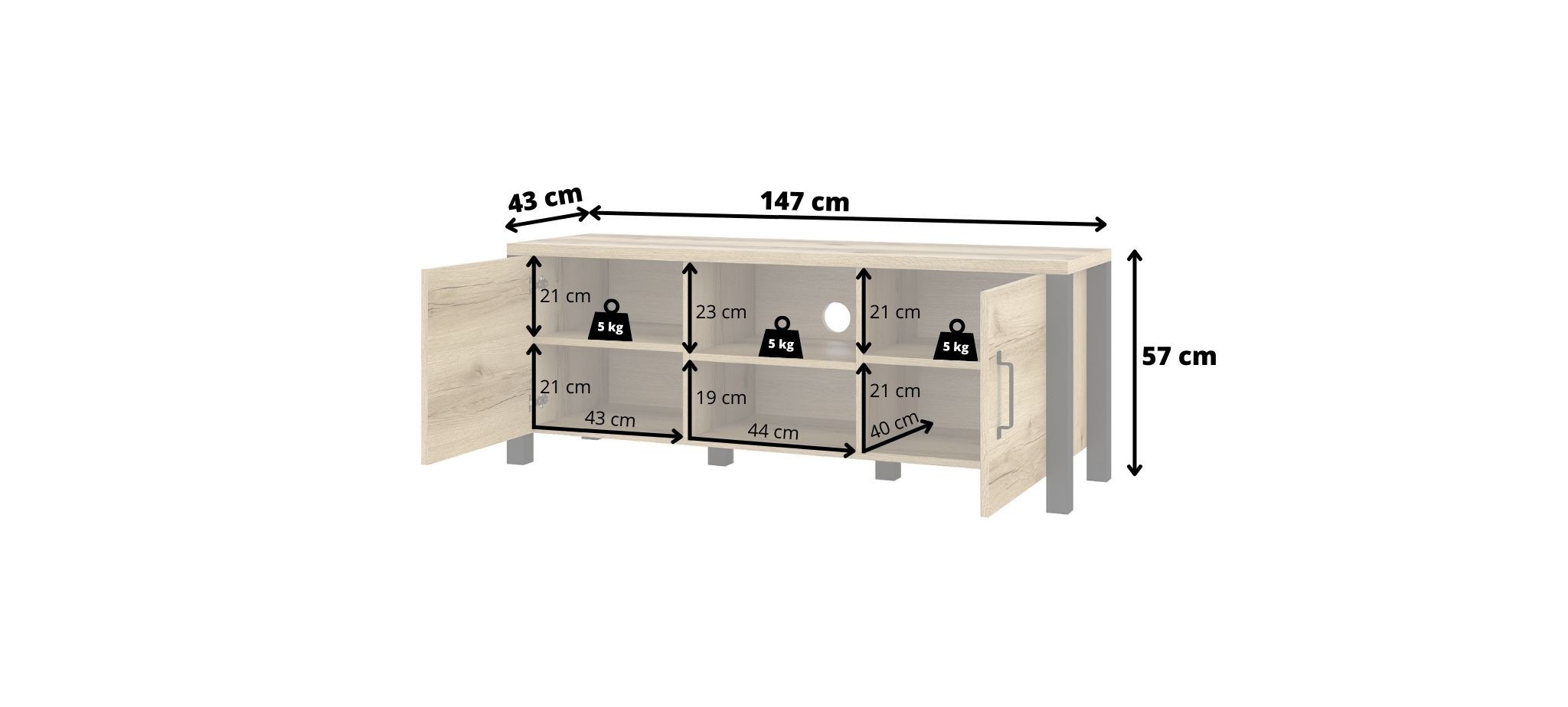 Komoda RTV OLIN 41 dwudrzwiowa z wnęką dąb grand naturalny czarny matowy 147x57x43cm - 24NWJC41