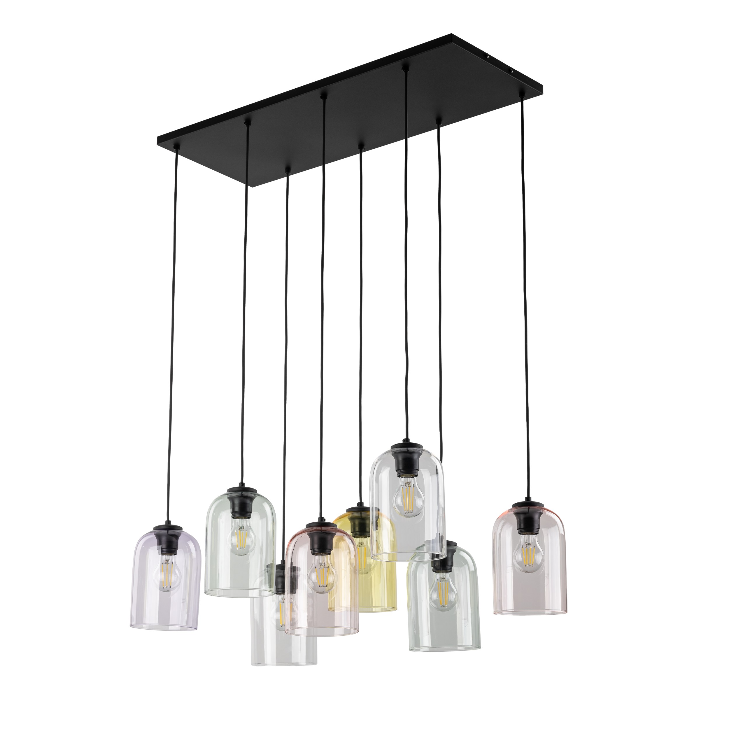 Lampa wisząca MOLLY czarny z różnokolorowymi kloszami transparentnym szarym fioletowym różowym żółtym 150x78x38cm
