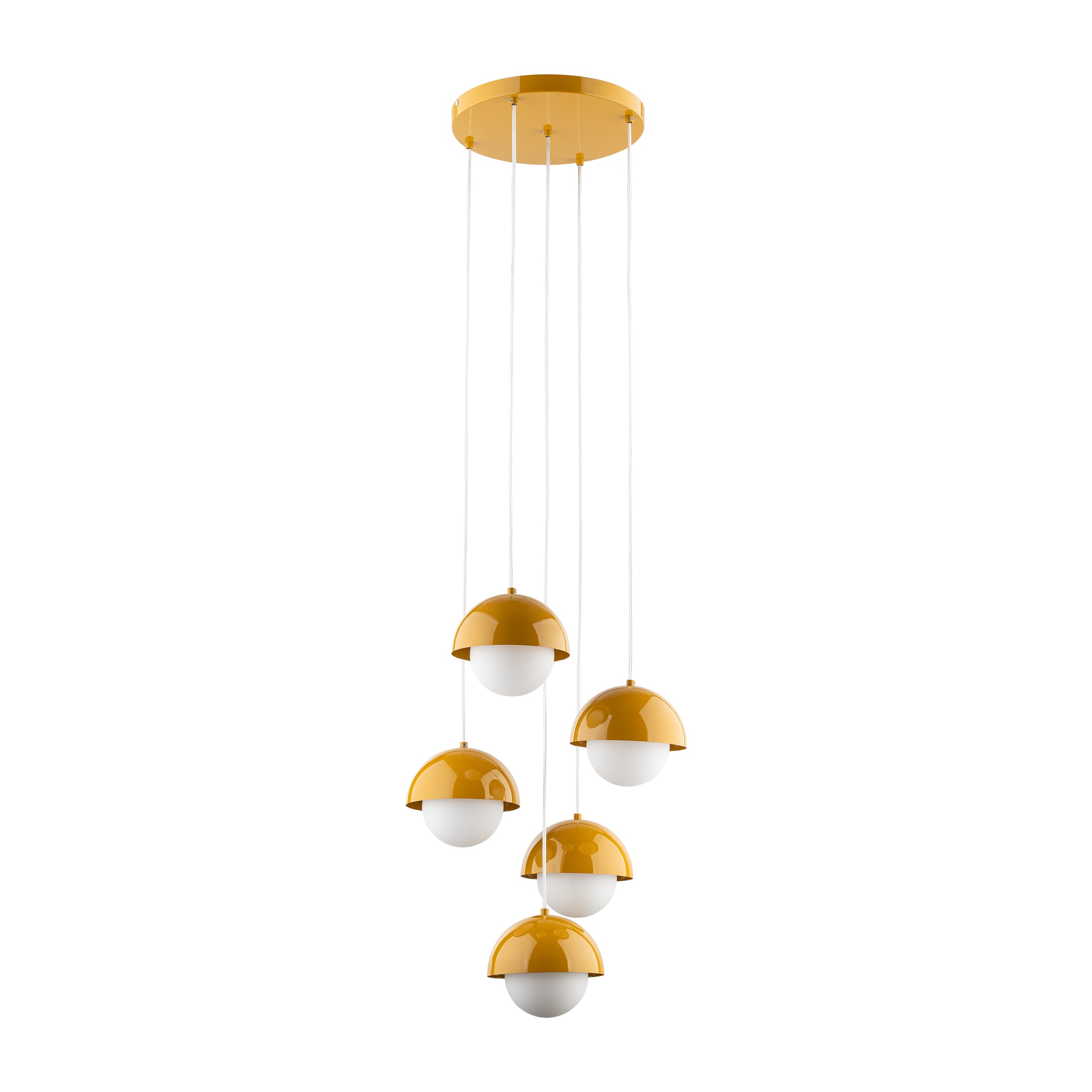 Lampa wisząca BONO żółta z białymi przewodami oraz okrągłymi szklanymi kloszami 140x32cm