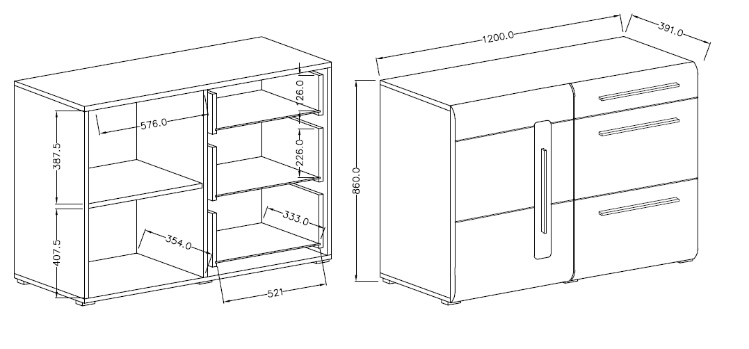 Komoda TULSA 45 jednodrzwiowa z 3 szufladami biała z czarnymi uchwytami 120x86x39cm - 2497FJ45