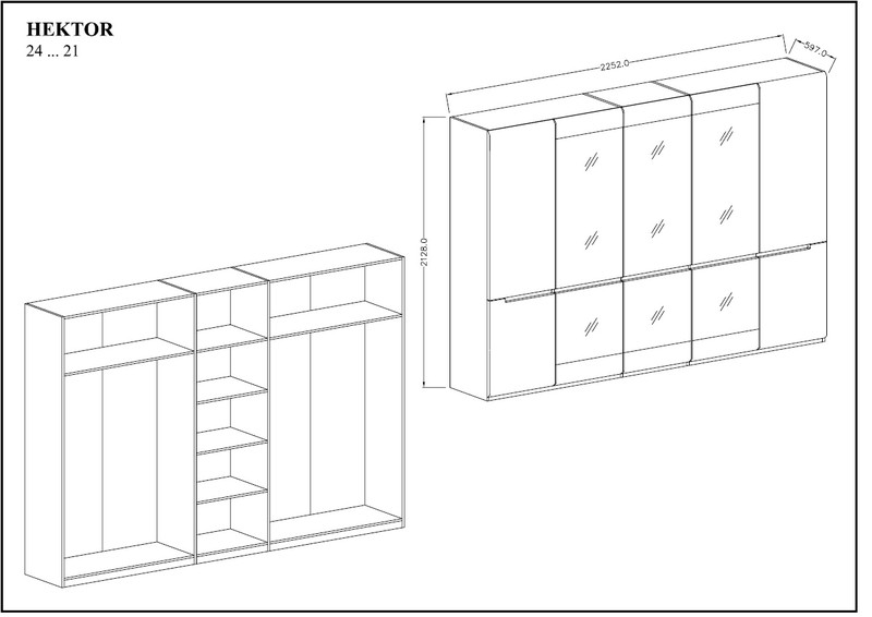 Szafa HEKTOR 21 5-drzwiowa biały połysk z lustrami 225x213x60cm - 2498AJ21