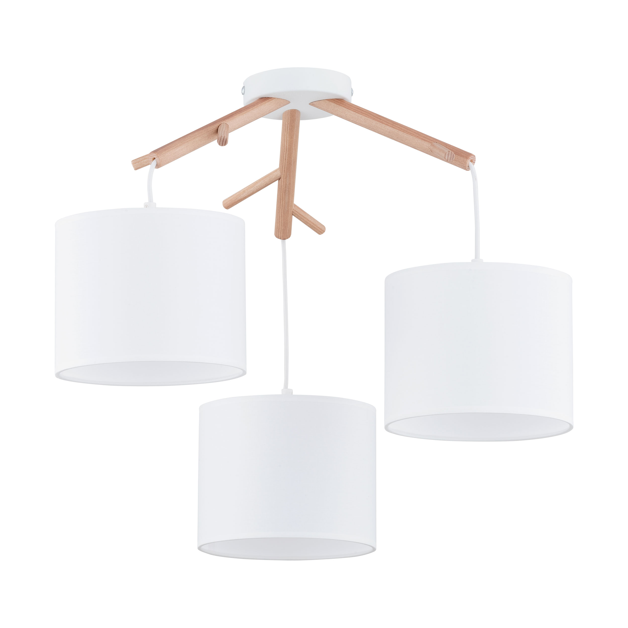 Lampa wisząca ALBERO biała z drewnianym jasnymi elementami okrągłe klosze z tkaniny 58x52cm