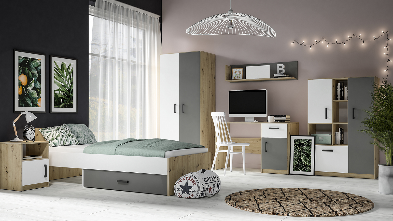 Biurko młodzieżowe FINI 08 biały, antracyt, dąb artisan - 1FINI08-001