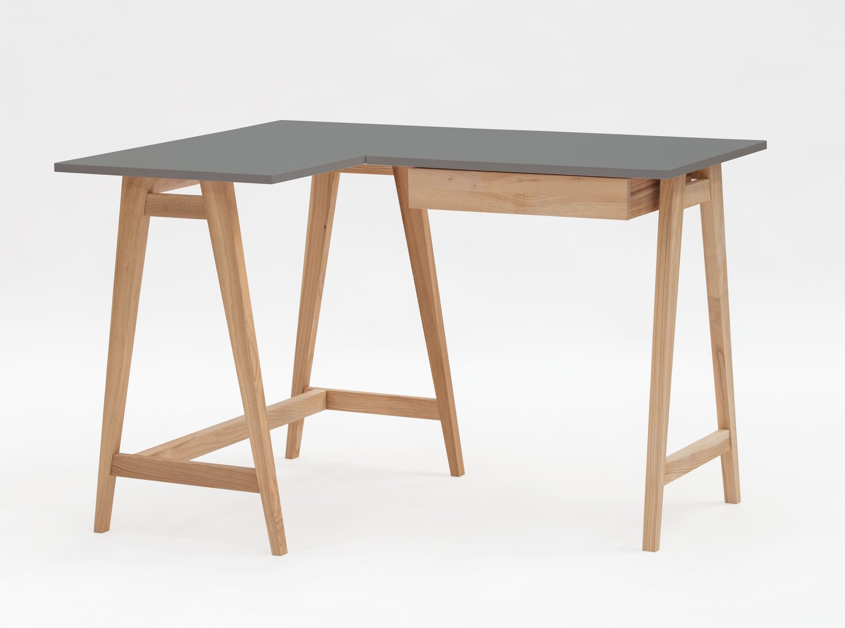 Biurko jesionowe narożne LUKA Lewe z szufladą 115cm x 85cm ciemnoszare kolor nóg naturalny