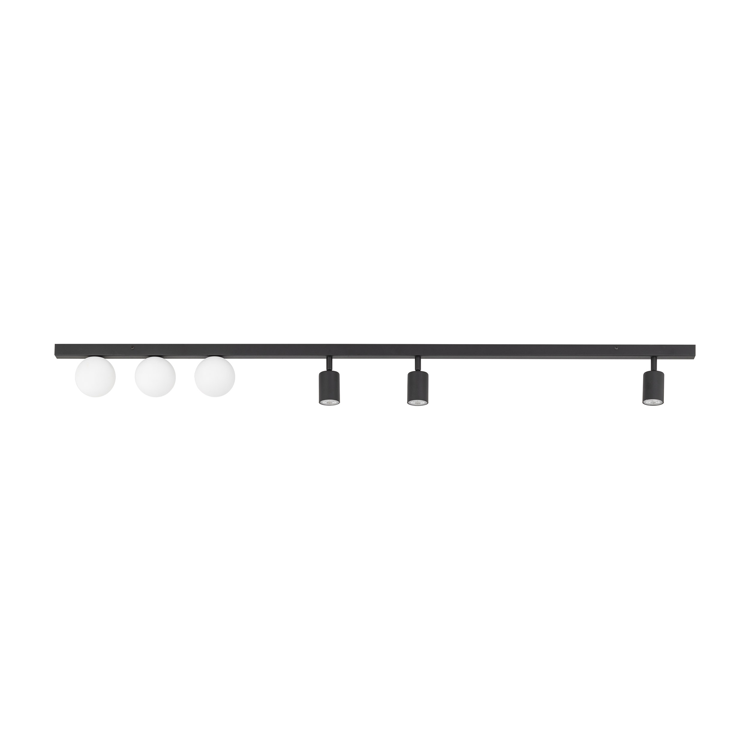 Lampa sufitowa VOX czarna z białymi okrągłymi kloszami na listwie regulowana 159x18x15cm - TK_10003