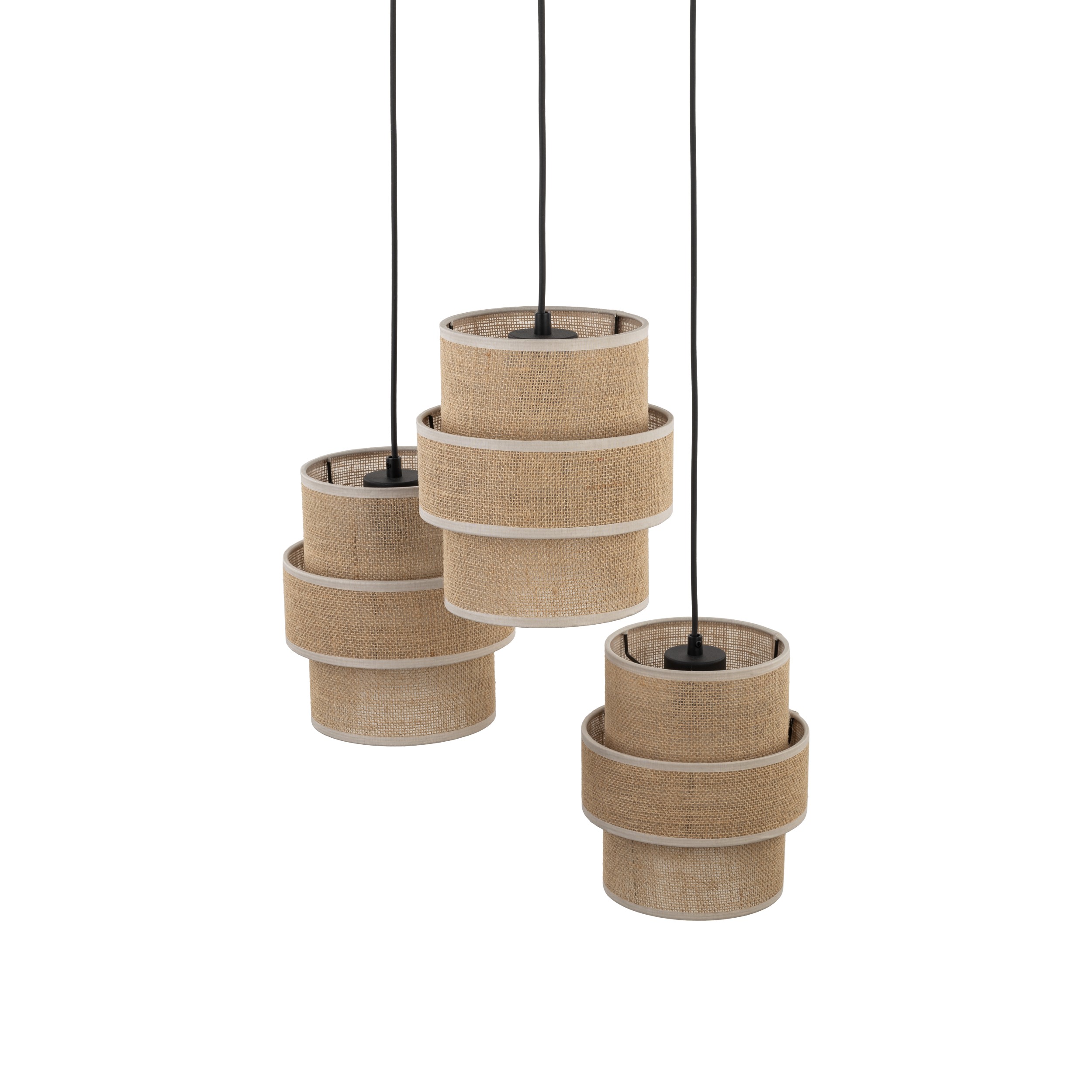 Lampa wisząca CALISTO czarna z trzema brązowymi kloszami z tkaniny juta 145x45cm - TK_6098