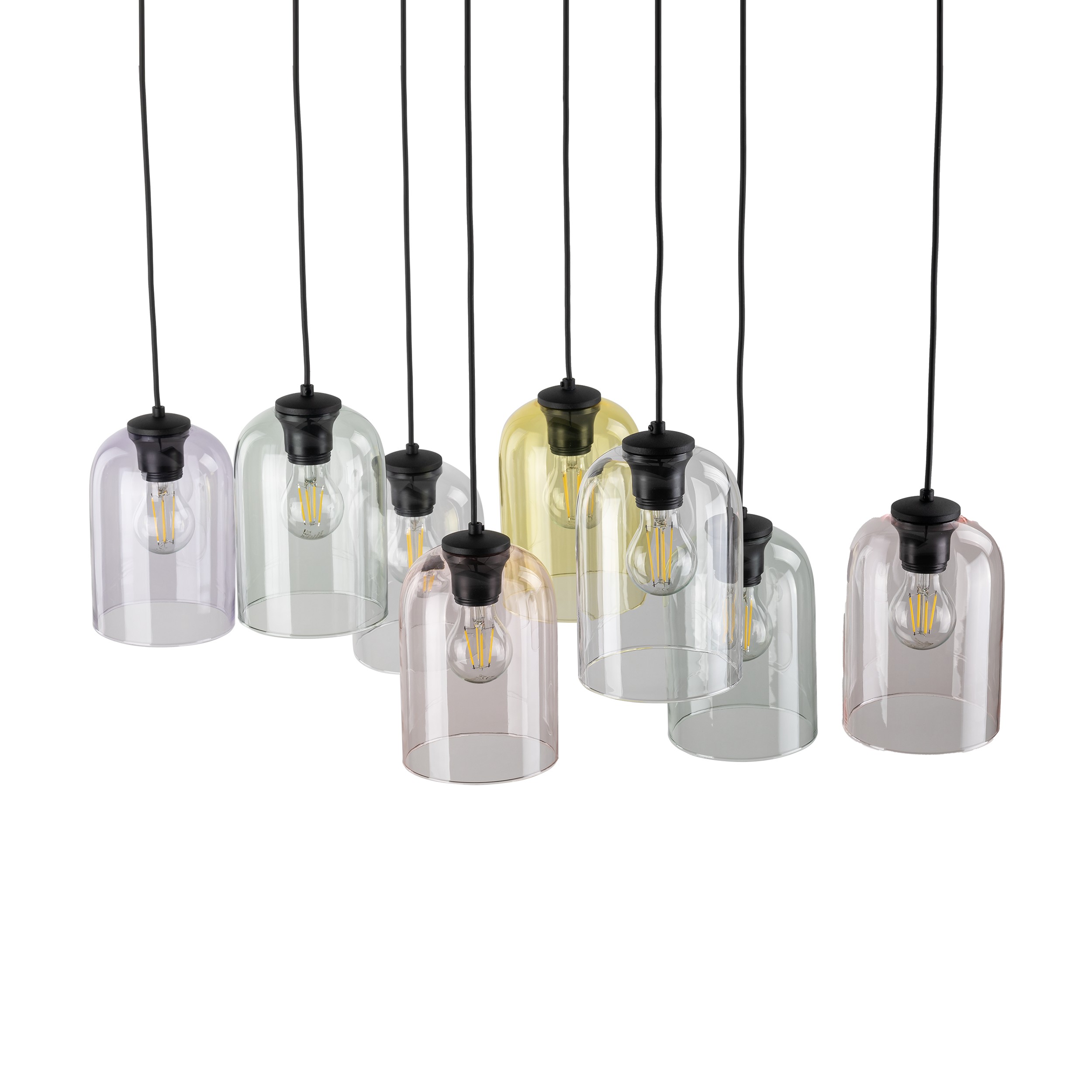 Lampa wisząca MOLLY czarny z różnokolorowymi kloszami transparentnym szarym fioletowym różowym żółtym 150x78x38cm - TK_10303
