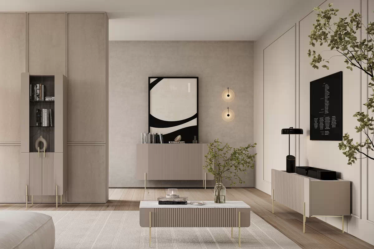 MALMI Komoda 150 3D - cashmere / crema bianca / złote nogi - B_156232