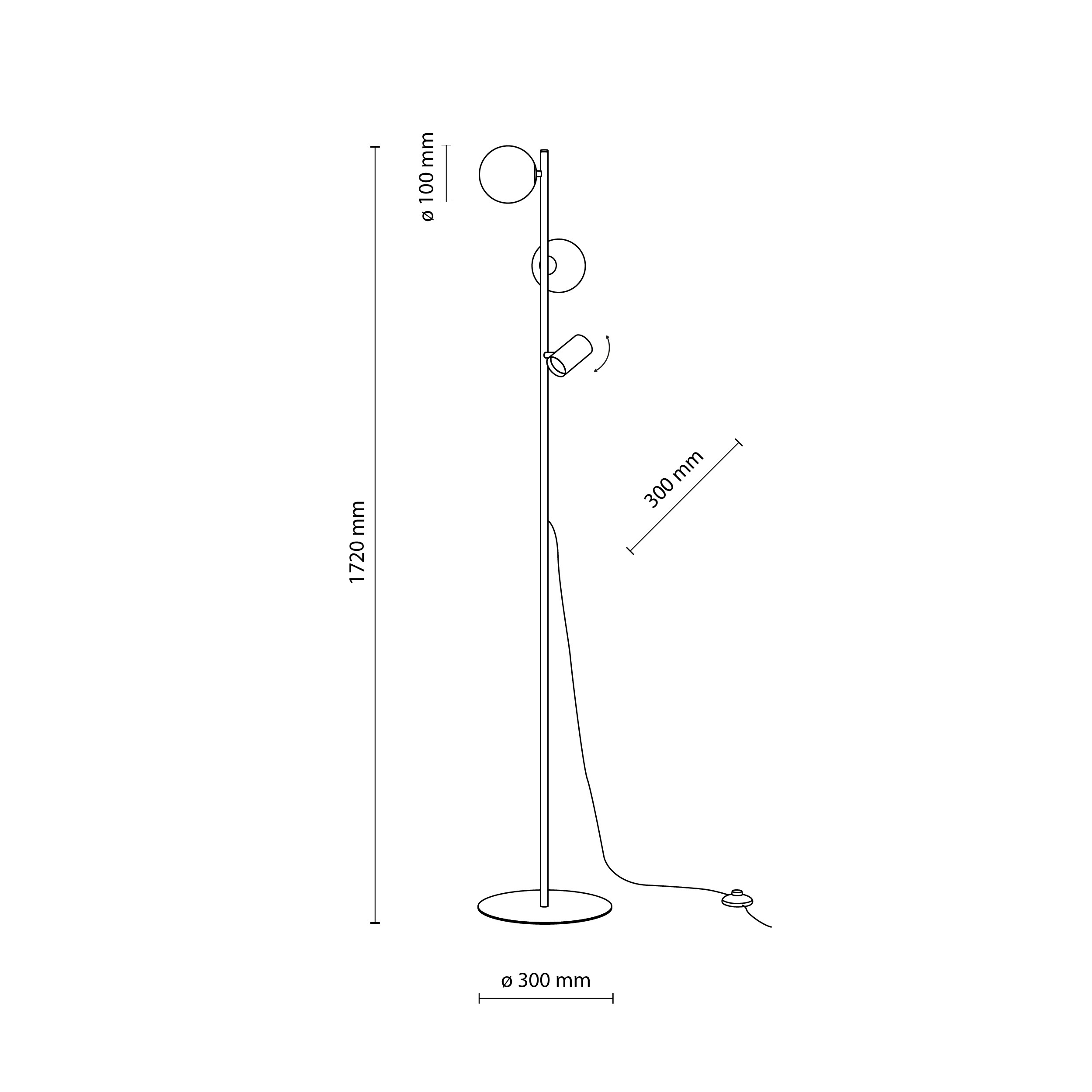 Lampa podłogowa VOX czarna z dwoma białymi okrągłymi szklanymi kloszami i lampką regulowaną do czytania z włącznikiem 172x30cm - TK_16063