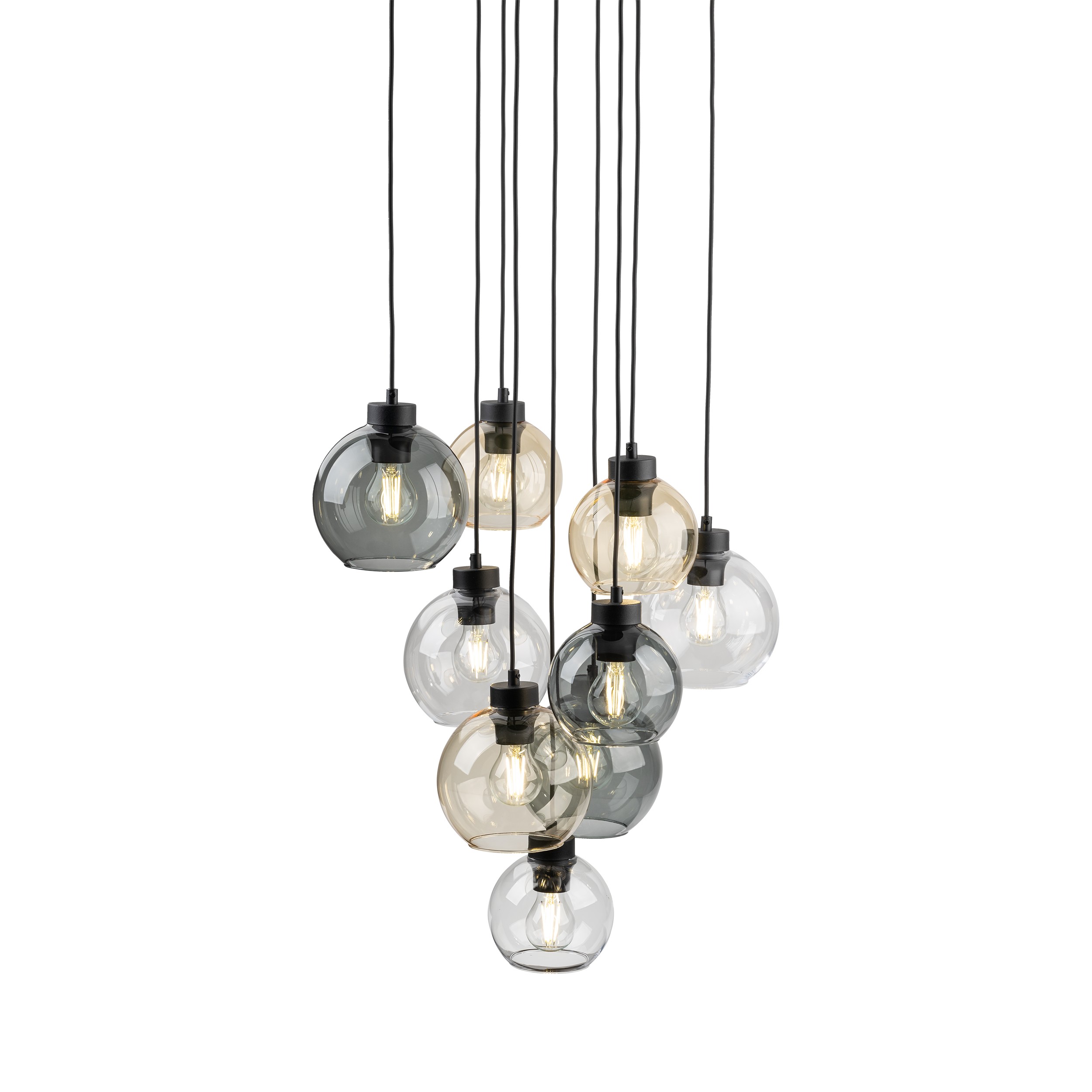 Lampa wisząca CUBUS czarna mix okrągłych szklanych kloszy transparentnych przyciemnianych bursztynowych 140x49cm - TK_10246