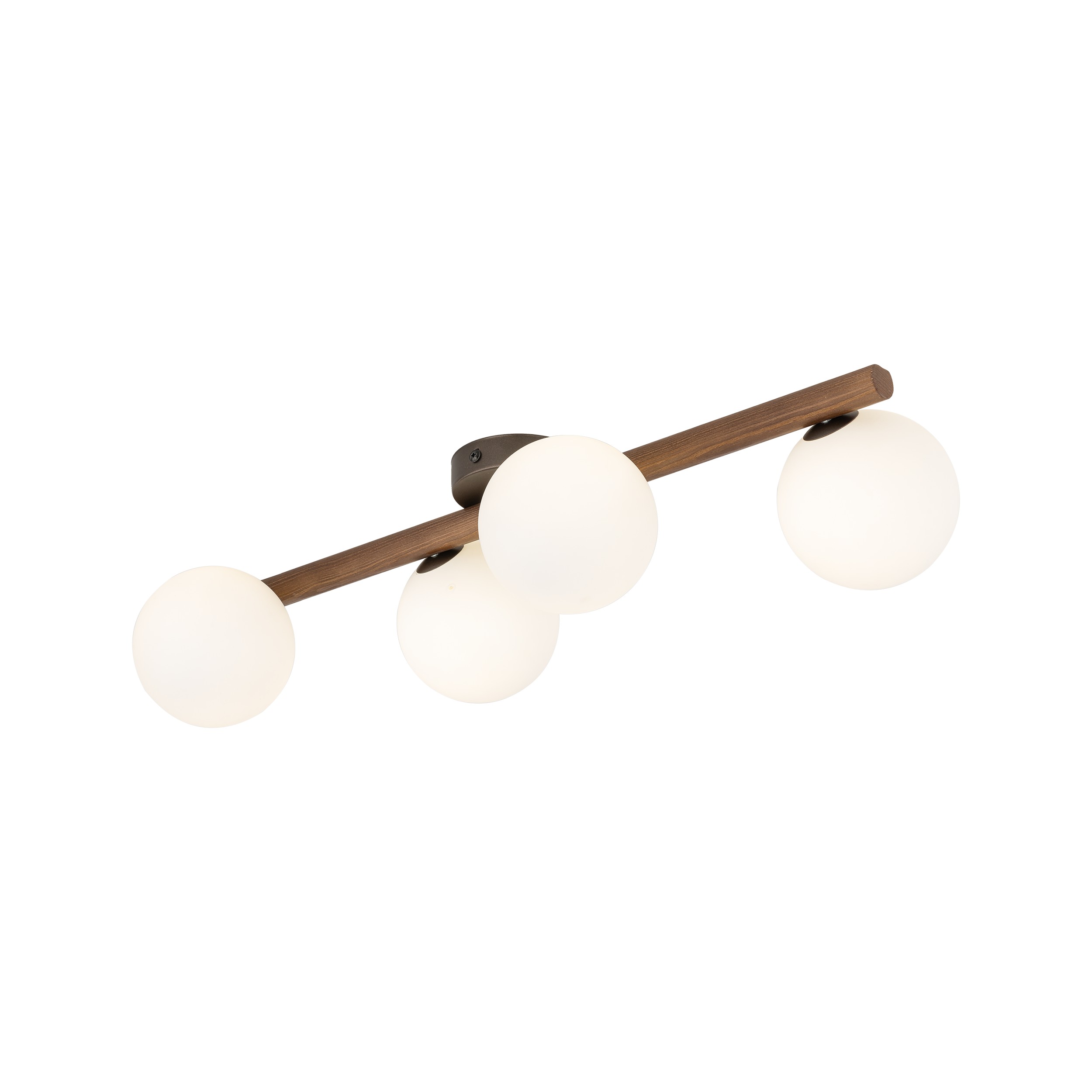 Lampa sufitowa ESTERA brązowa na drewnianej orzechowej listwie z białymi okrągłymi szklanymi kloszami 65x23x17cm - TK_10270