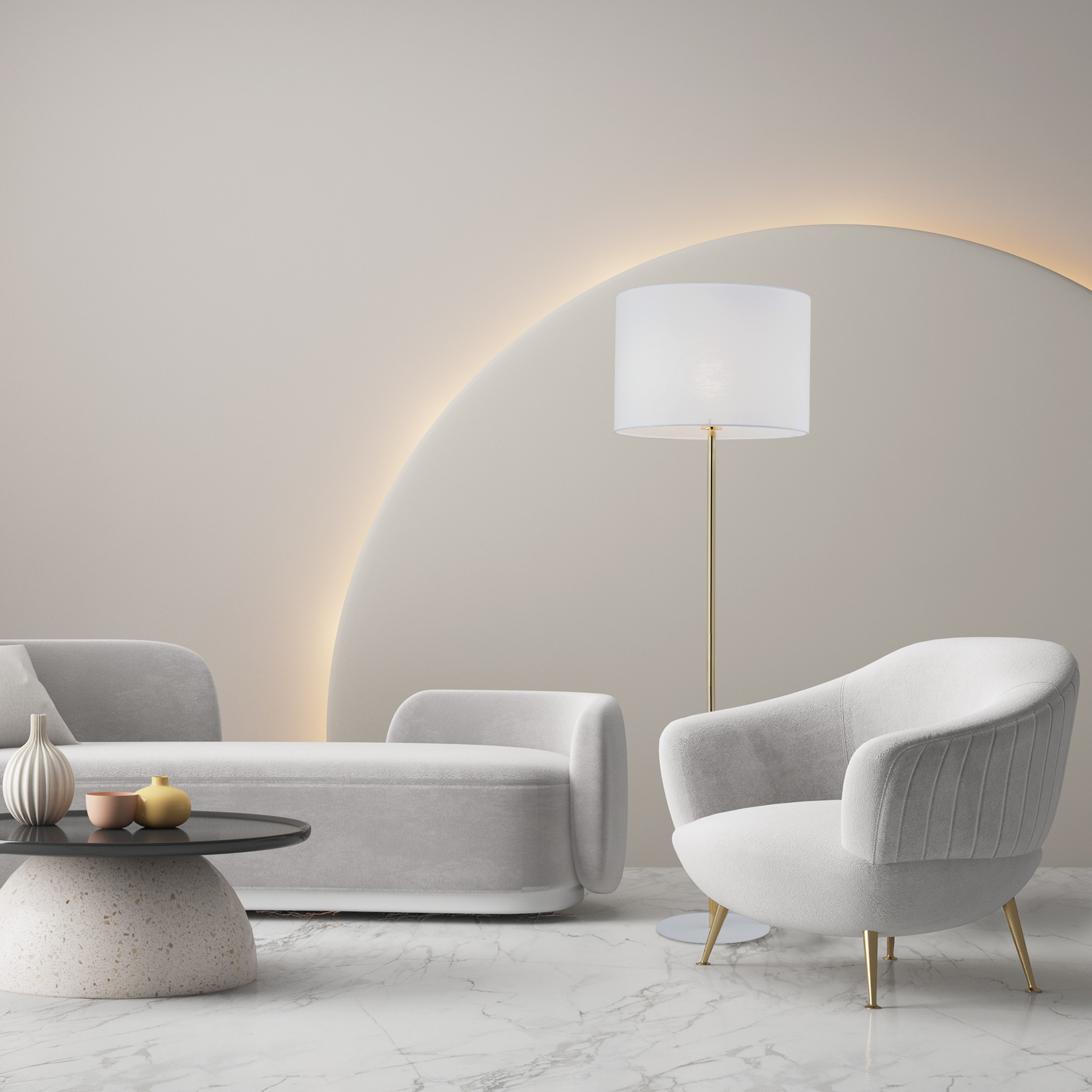 Lampa podłogowa UMBERTO złota z białym okrągłym abażurem 155x50cm - TK_16033