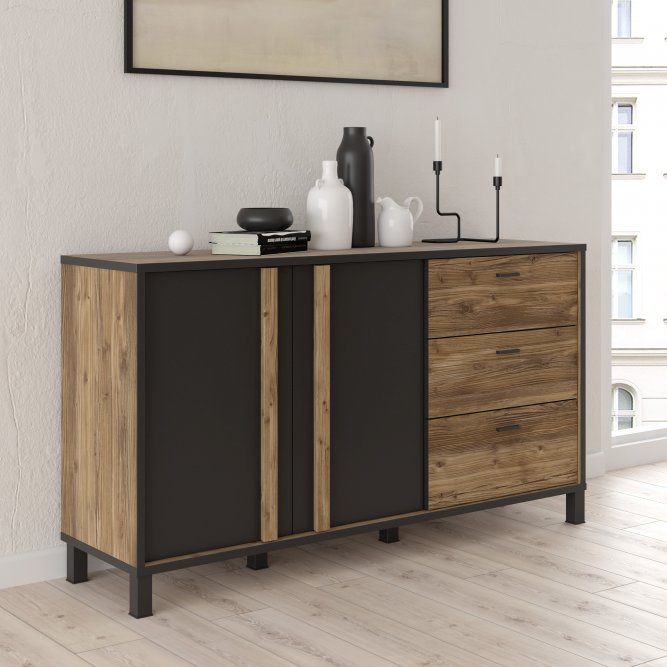 Komoda Lewa 2-drzwiowa z 3 szufladami HAYATO 155x85x42 Czarny/Świerk Alpejski  2 - HYTK231L-M215