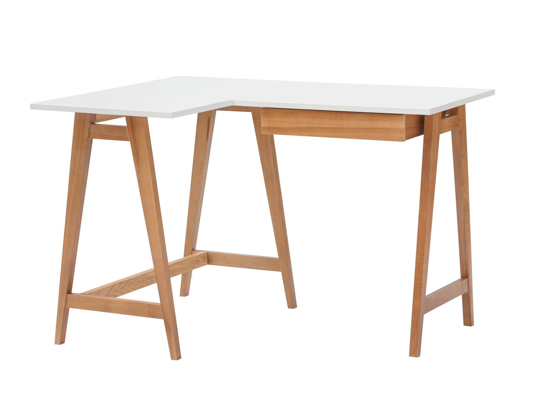 Biurko narożne jesionowe LUKA Lewe z szufladą 115cm x 85cm białe kolor nóg dąb
