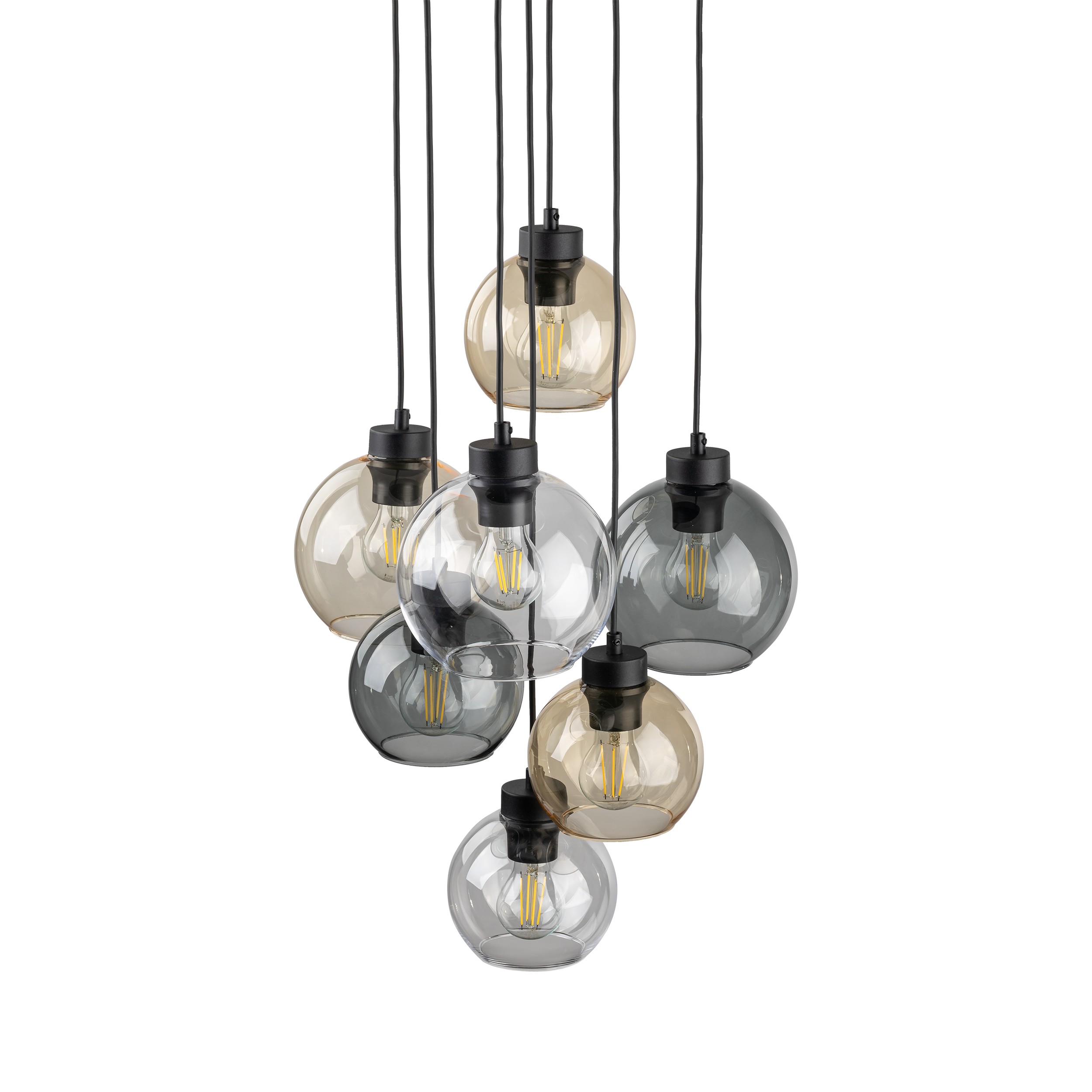 Lampa wisząca CUBUS czarna mix okrągłych szklanych kloszy transparentnych przyciemnianych bursztynowych 140x49cm - TK_10246