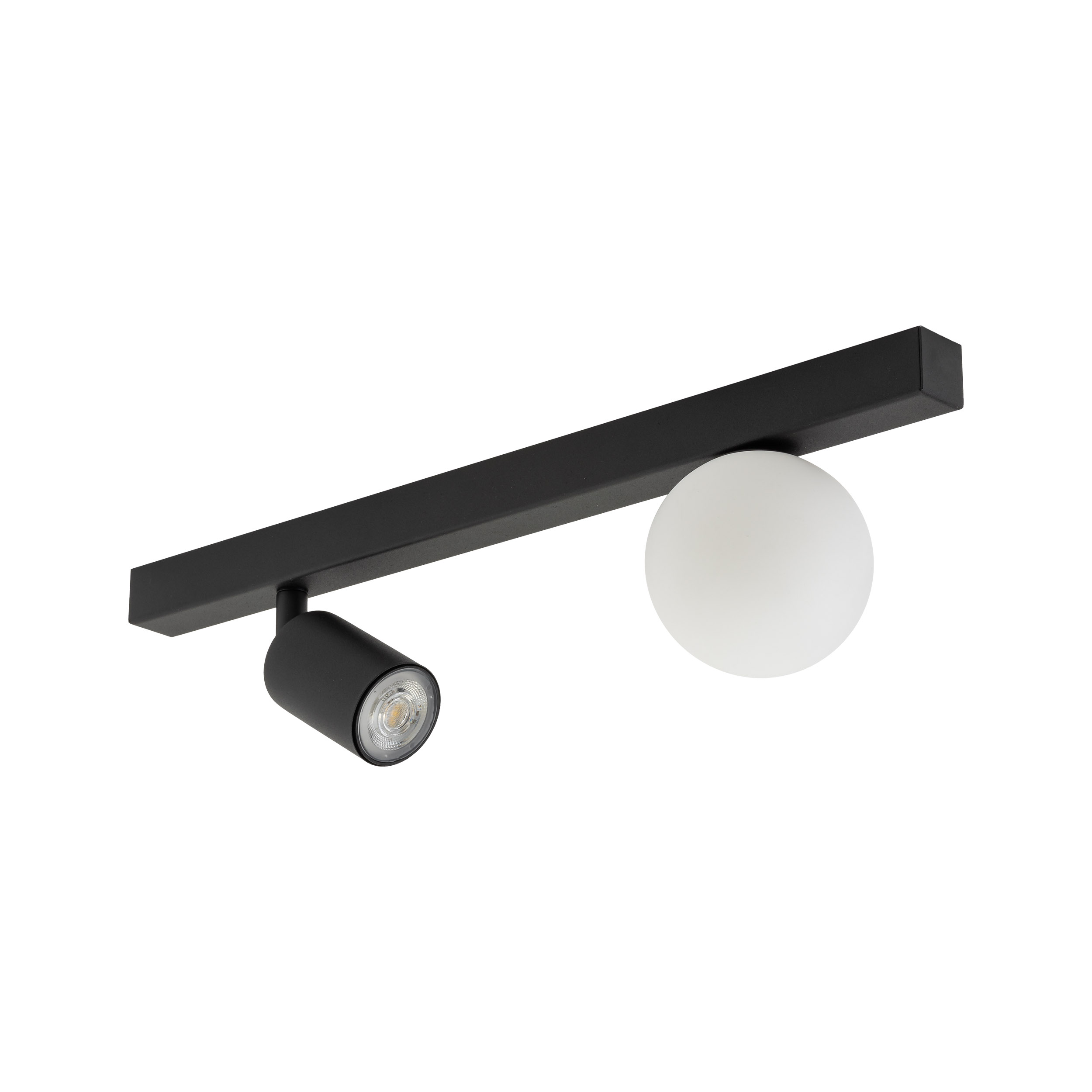 Lampa sufitowa VOX czarna na metalowej listwie z białym okrągłym szklanym kloszem i regulowanym reflektorem 49x15x14cm - TK_10000