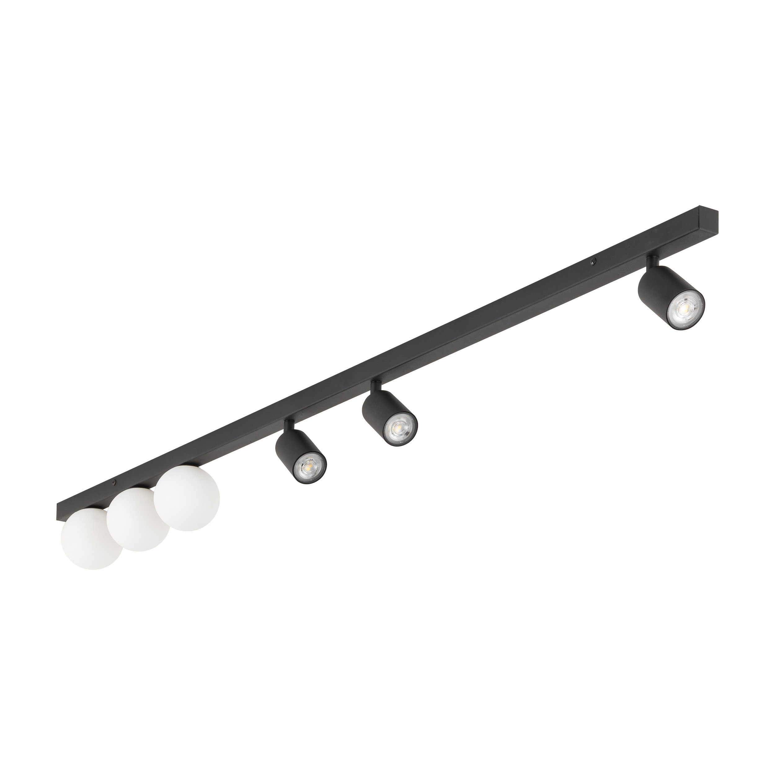 Lampa sufitowa VOX czarna z białymi okrągłymi kloszami na listwie regulowana 159x18x15cm