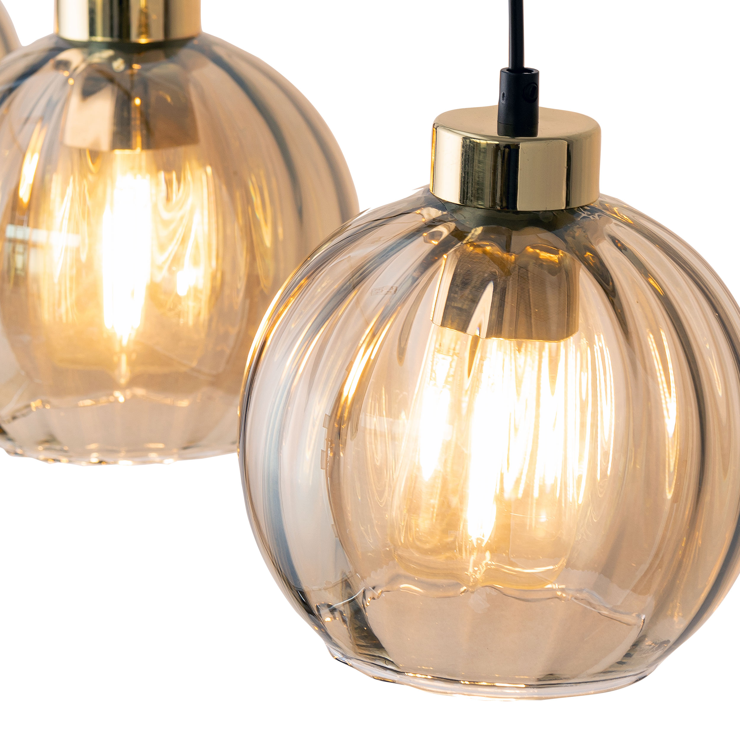 Lampa wisząca DEVI czarna ze złotymi elementami bursztynowymi szklanymi kloszami 95x37x35cm - TK_4637